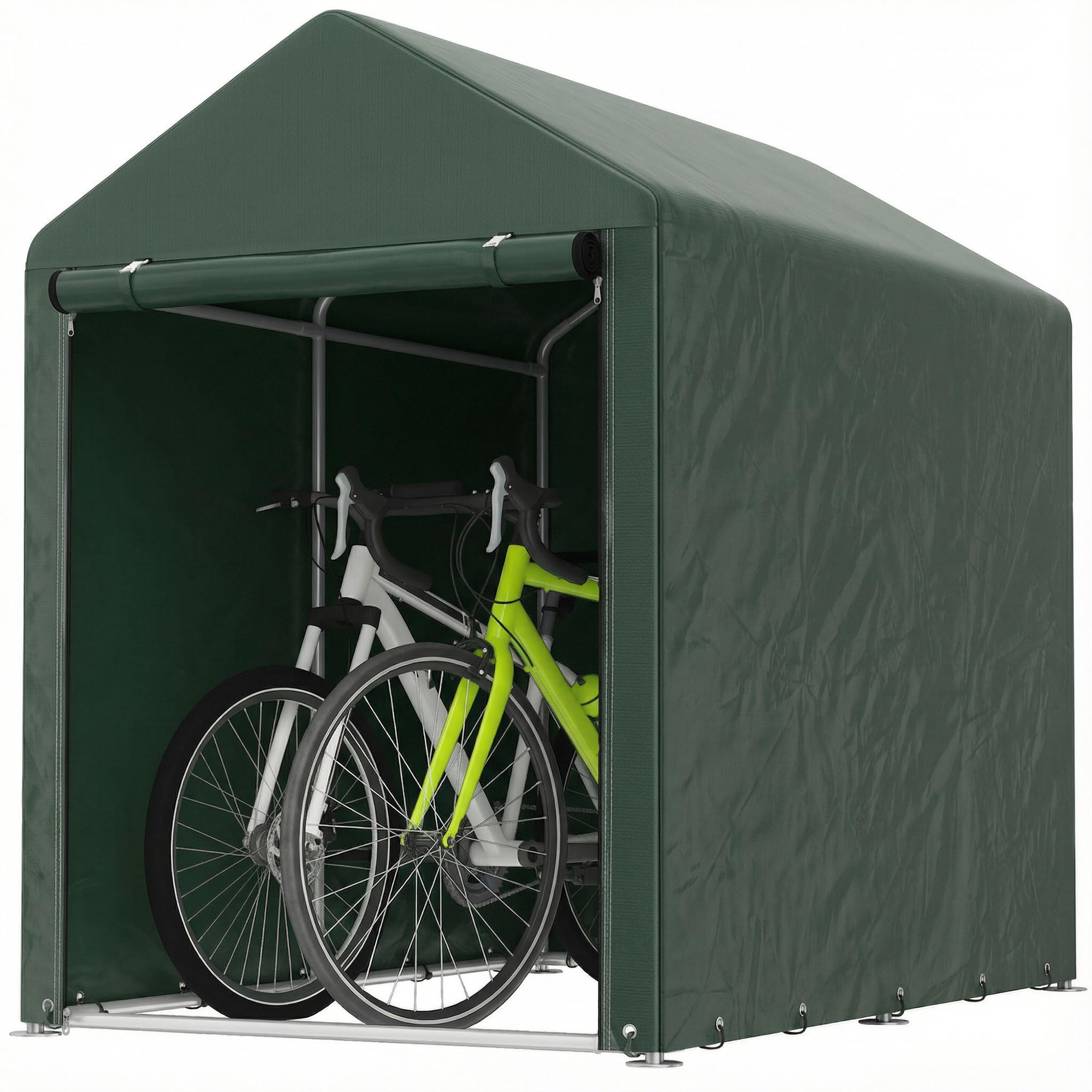 Outsunny Carpa de Jardín Exterior para Herramientas Bicicletas 1,2x1,8x1,65 m, Cobertizo Exterior con 2 Habitaciones, Puerta Enrollable con Cremallera, Impermeable Anti-UV, Garaje Portátil, Verde - 1