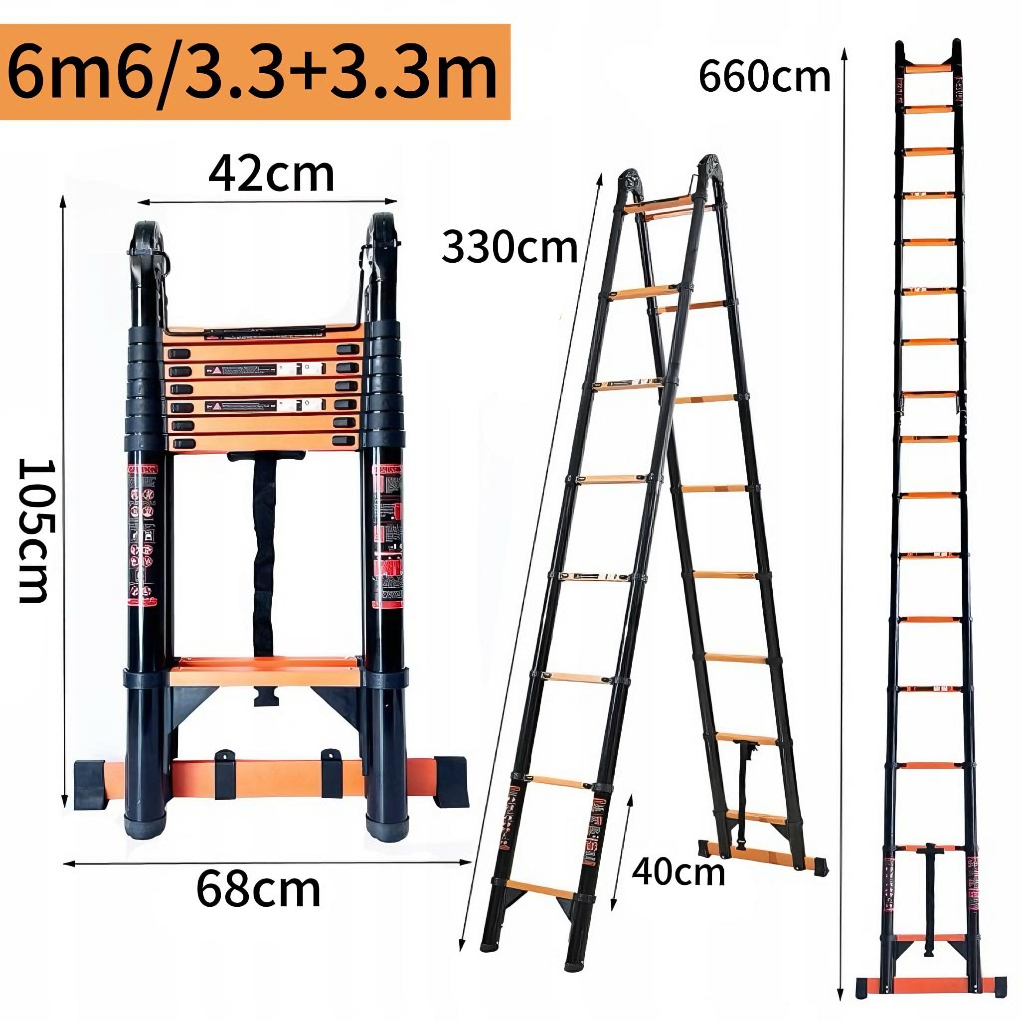 Teleskopleiter Klappleiter 6.6m Multifunktionsleite 3.3m+3.3m Kohlenstoffstahl Leiter Stehleiter mit 2 Rädern & Werkzeugtasche Bis 150 kg Belastbarkeit mit EN131 Zertifiziert