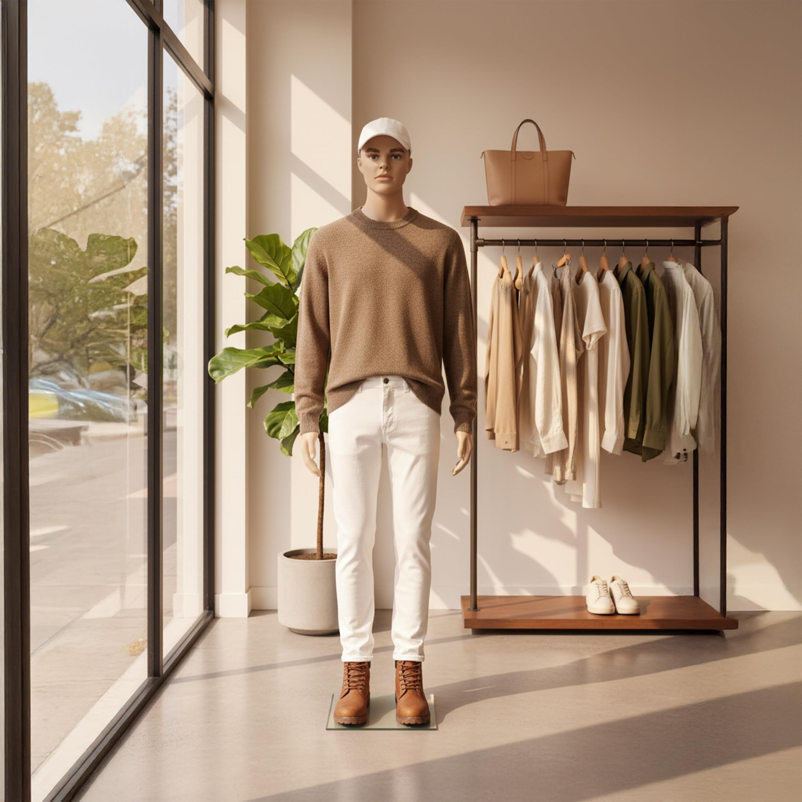 Manichino da vetrina Relaxdays, Maschile, 185 cm, Testa e Braccia mobili, Base in Vetro, Beige