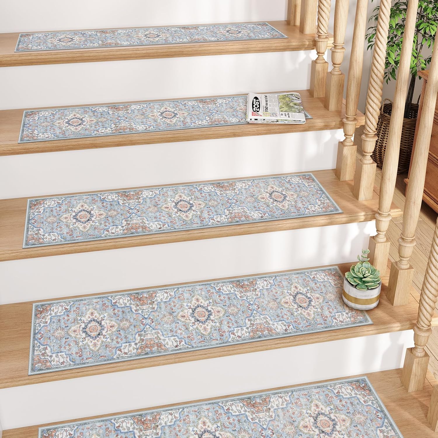 Stair Treads Non Slip 15PCS 8"x30" Stair Treads for Wooden Steps, Rubber Backing Carpet Stair Treads Washable Carpet for Stairs, Safety Indoor Stair Runners for Kids Elders Dogs 8"x30" Blue 15