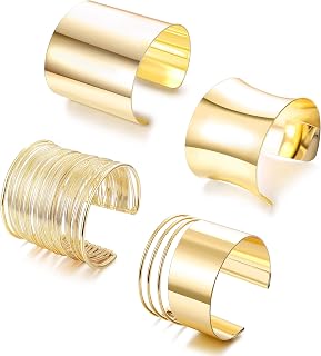 4 Pcs Cuff Bangle Bracelets Set for Women Open Wide Wire Bracelets Smooth Polished Adjustable Gold Sliver-Tone Plated