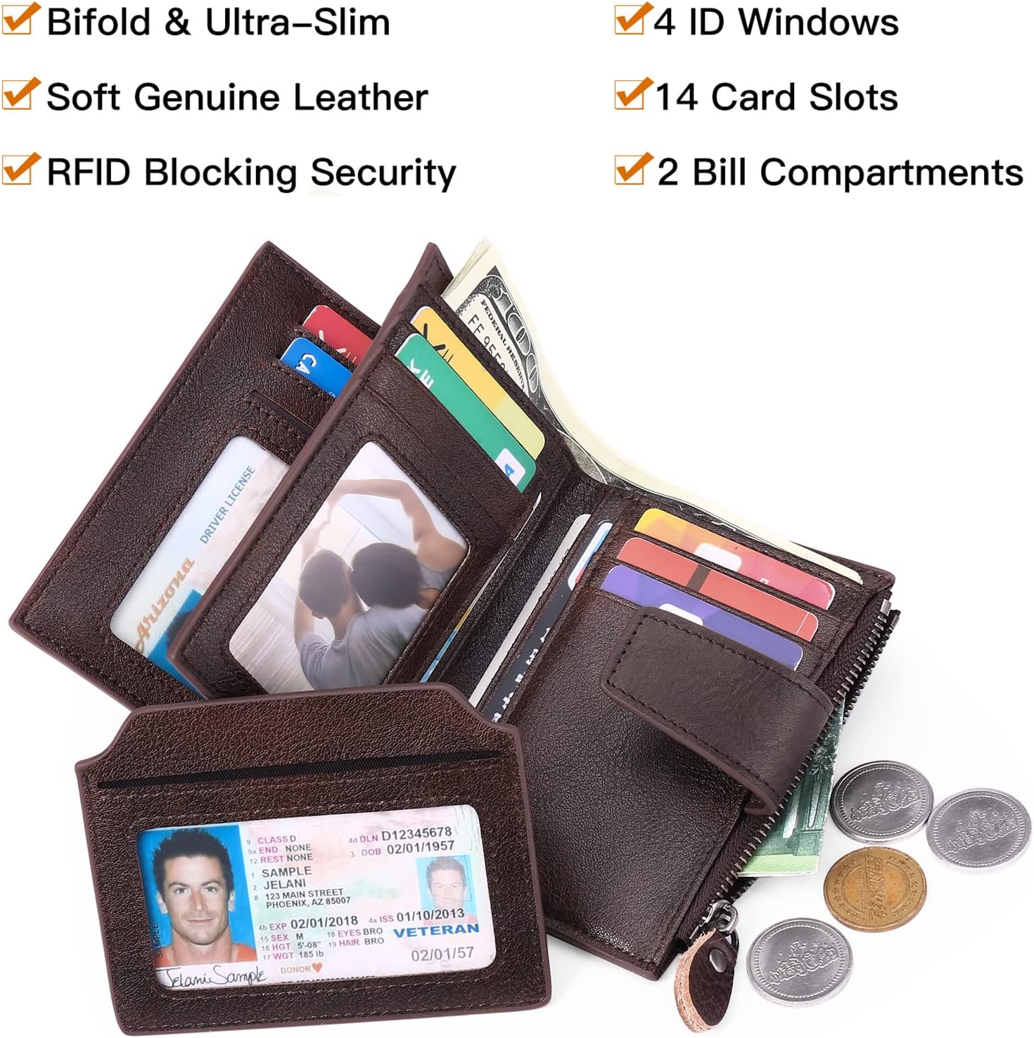 FALAN MULE Wallet for Men Genuine Leather RFID Blocking Mens Wallet with Zipper Coin Pocket ID Window