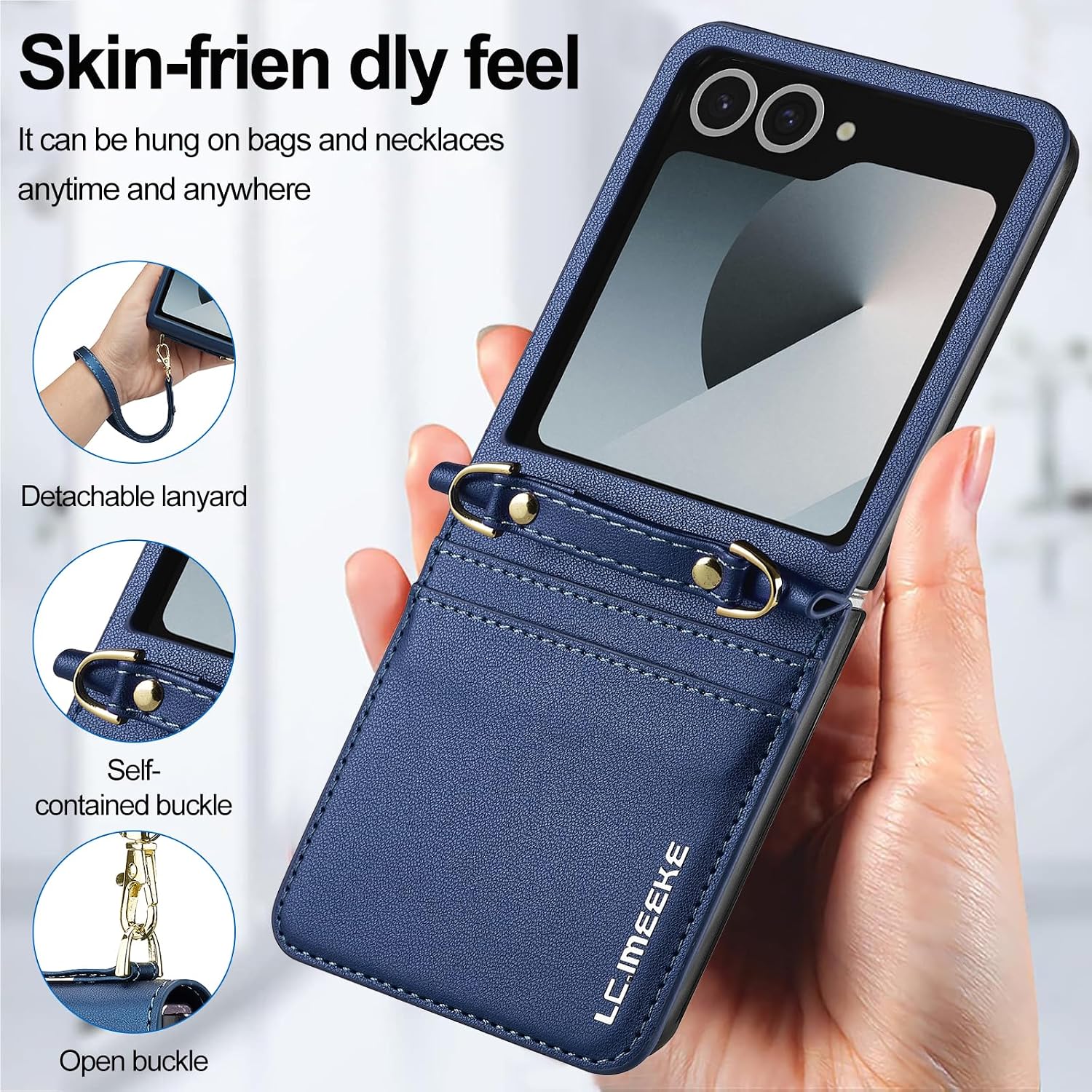 HXY Slim Fit Galaxy Z Flip 7 Case for Women Men, Classics Lanyard PU Leather Flip Case with Strap Wristlet and Card Holder Shockproof Phone Cover for Samsung Galaxy Z Flip7 (Blue)