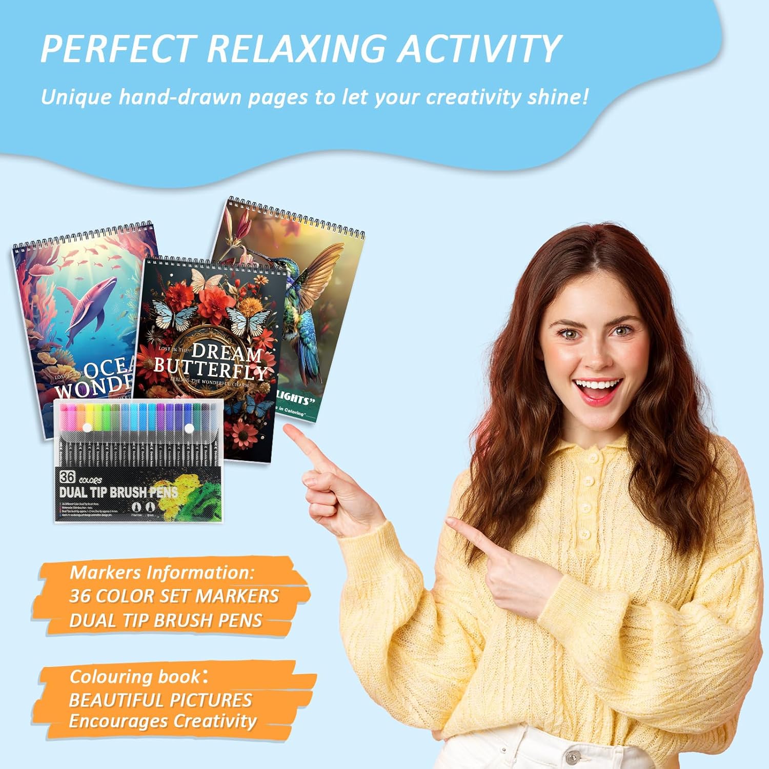 4Pcs Adult Coloring Book for Women Relaxation, 36 Colors Markers with Spiral Bound Adult Coloring Book for Women