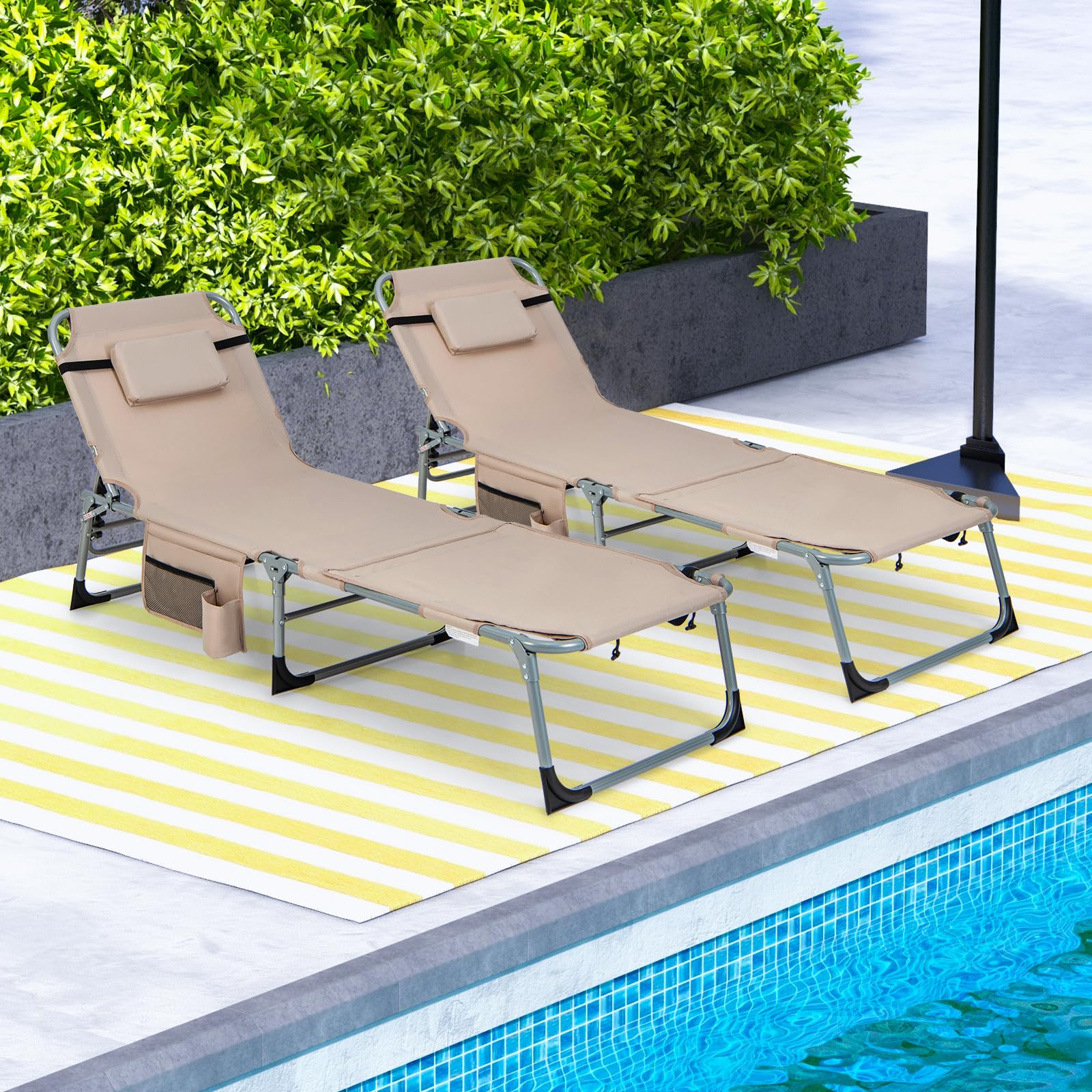 GIANTEX Chaise Longue Jardin Exterieur Pliante, Trous pour Visage et Bra, Transat Jardin Exterieur, Oreiller, Poche Latérale, Bandoulière, Poignée, Dossier Réglable à 5 Positions, pour Piscine, Sable