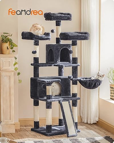 Miniatura 2 de FEANDREA Árbol para gatos, torre grande para gatos, condominio para gatos con postes rascadores, tabla, 2 cuevas, 3 perchas de felpa, centro de
