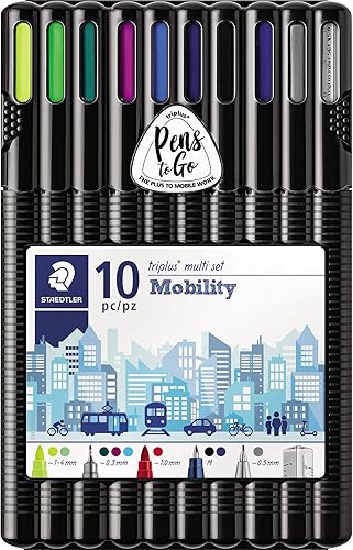 STAEDTLER 34 SB10MS Triplus - Juego de movilidad, caja de escritorio de 10 piezas para trabajo en movimiento, amarillo, azul, verde, violeta, rojo