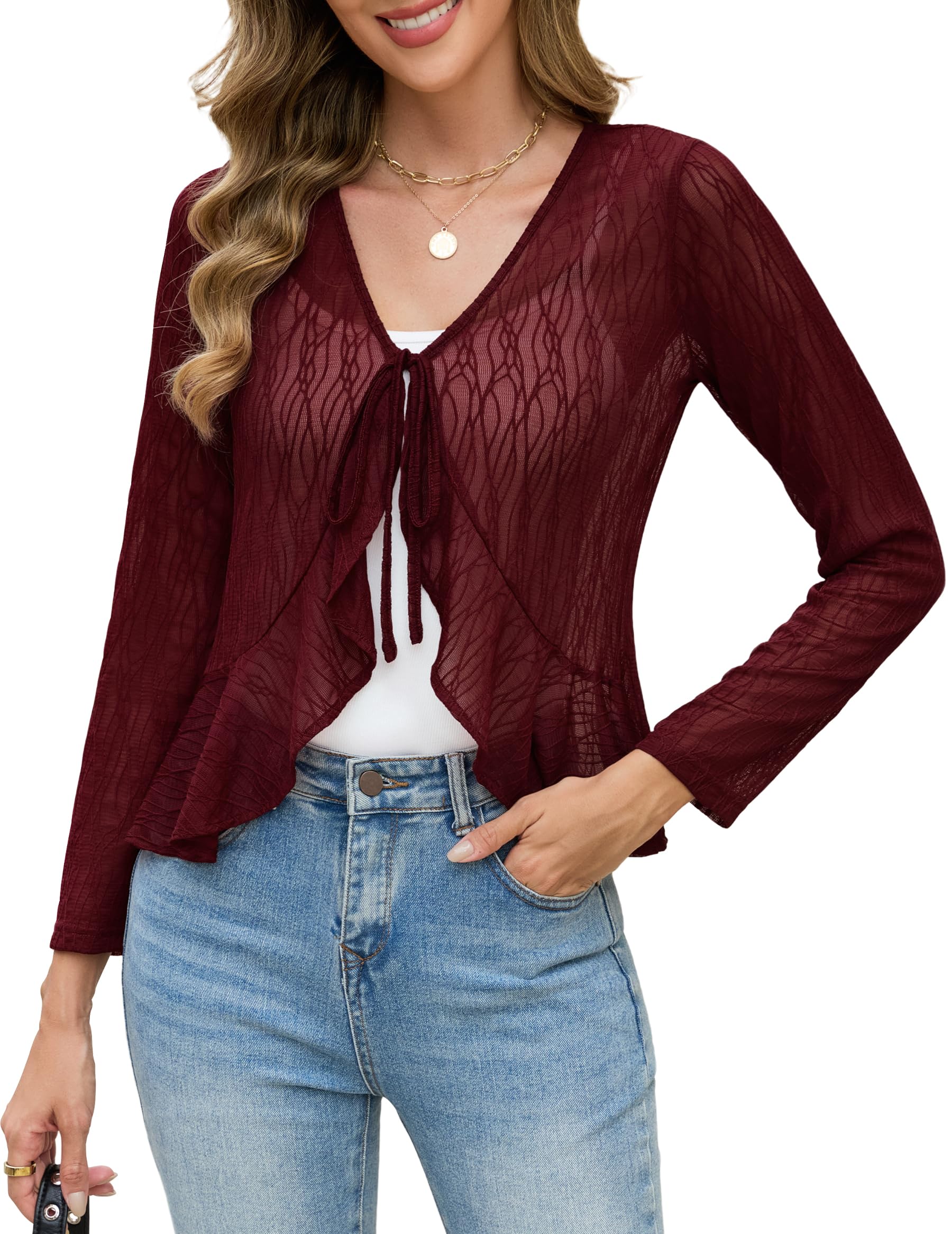 Wedtrend Womens Lace Cardigan Tie Front Sheer Bolero Floral Lace Bolero Ruffle Shrug for Evening Dresses