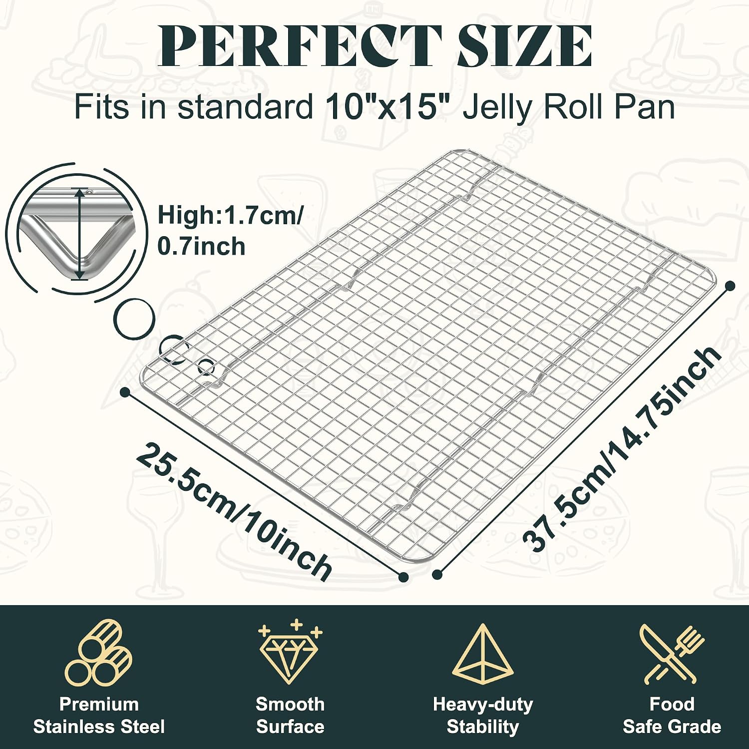 Cooling Racks for Cooking and Baking - 10"x14.75" Oven Safe Premium Stainless Steel Heavy Duty Baking Rack Tight-Wire, Fits Jelly Roll Pan for Roasting & Grilling & Cooking - 1 Pack image 2