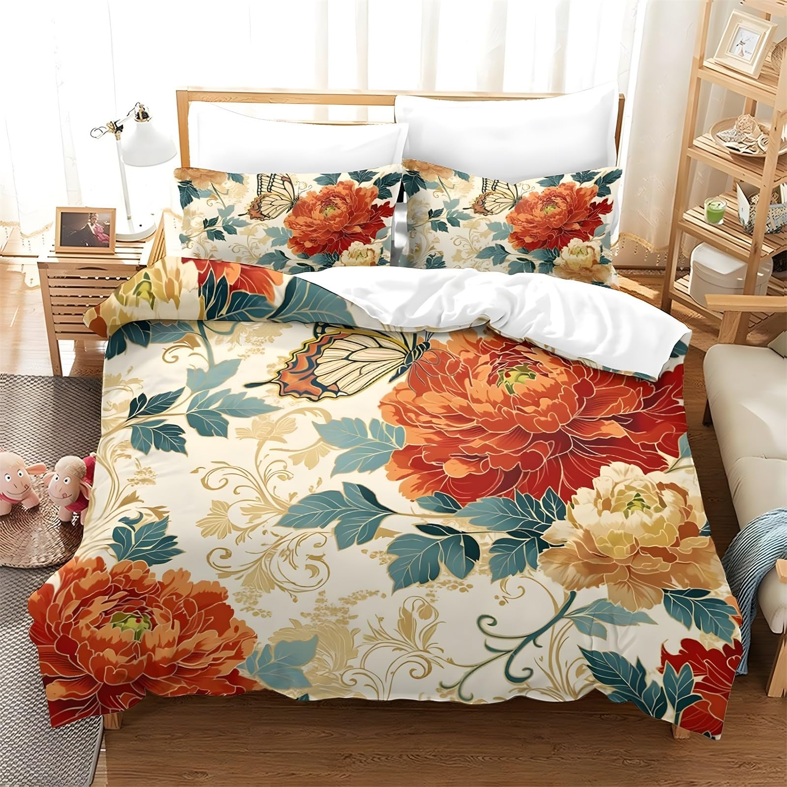 Ypthriline Double Bedding Set Red Peony Bedding Set Microfiber Butterfly Duvet Covers with Pillowcases Reversible Bedding With Zipper Closure 200x200CM