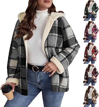 New womens checkered coat for autumn and winter, fleece for warmth, with pockets and a loose hooded design.