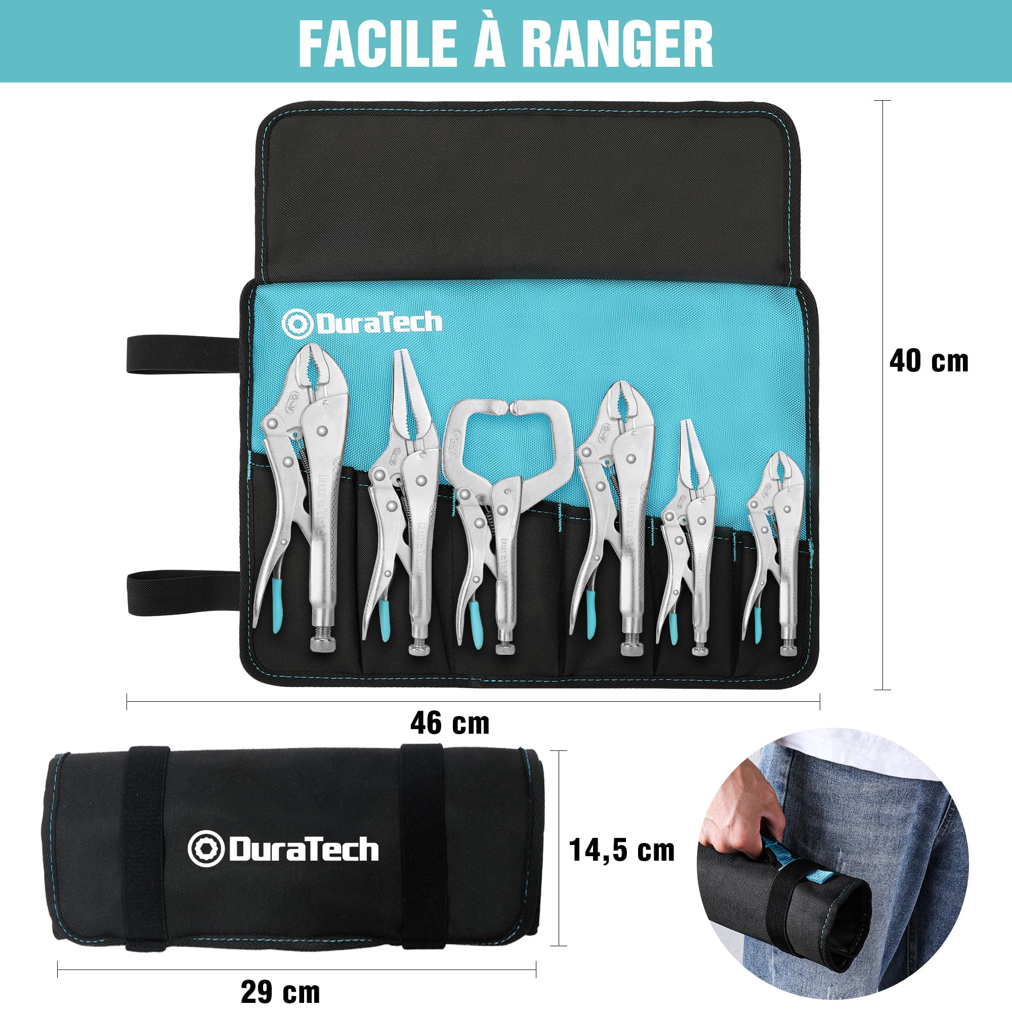 DURATECH Jeu de 6 Pinces-Étaux avec 2 Becs Longs de 16,5 cm et 24 cm, 3 Mâchoires Courbes de 12,7 cm, 17,8 cm et 25,4 cm et 1 C-clamp de 15 cm, Étui Roulable Pratique pour Bricolage et Réparation