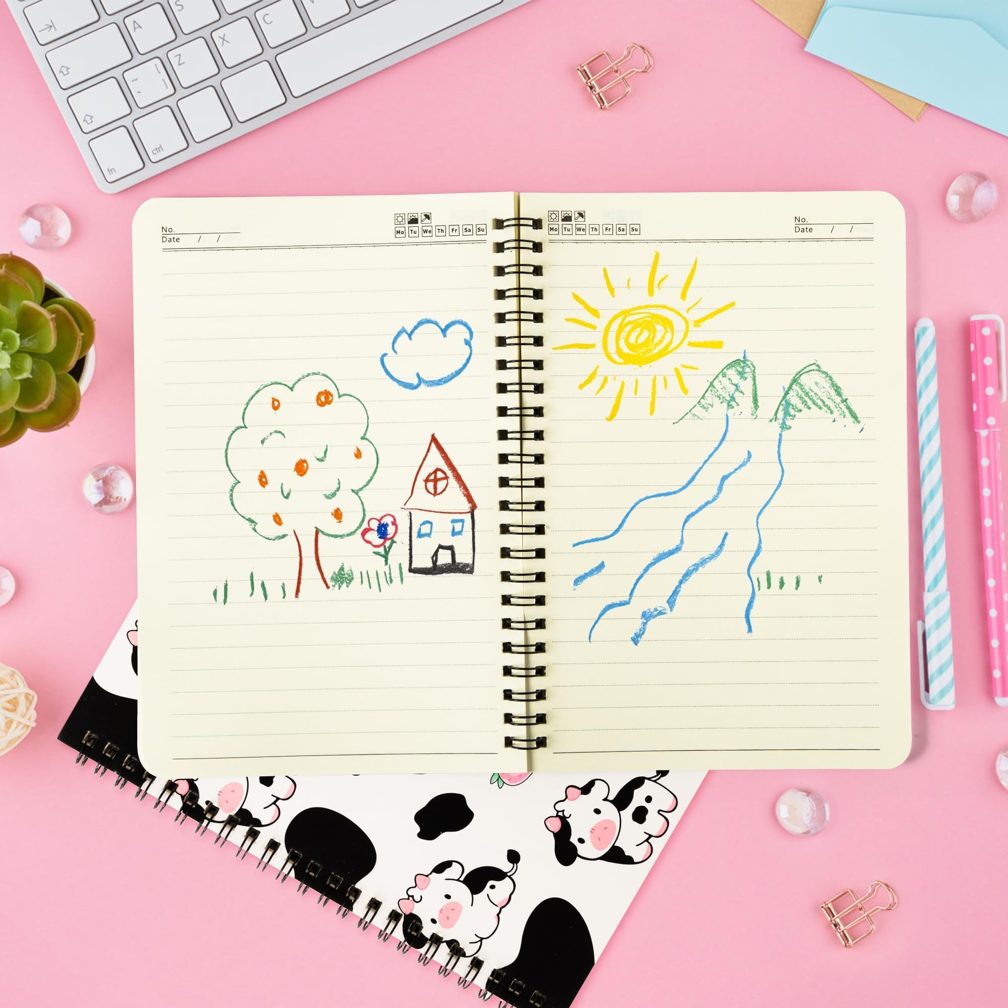 2 A5 Kuh-Spiralnotizbücher, niedliche Kuh, rosa, Erdbeermilch, College-Notizbücher, gebunden, Spiralbindung, Reise-Zeichnungstagebuch für Kinder, Teenager, lustige Kuh-Notizbücher für Studenten,