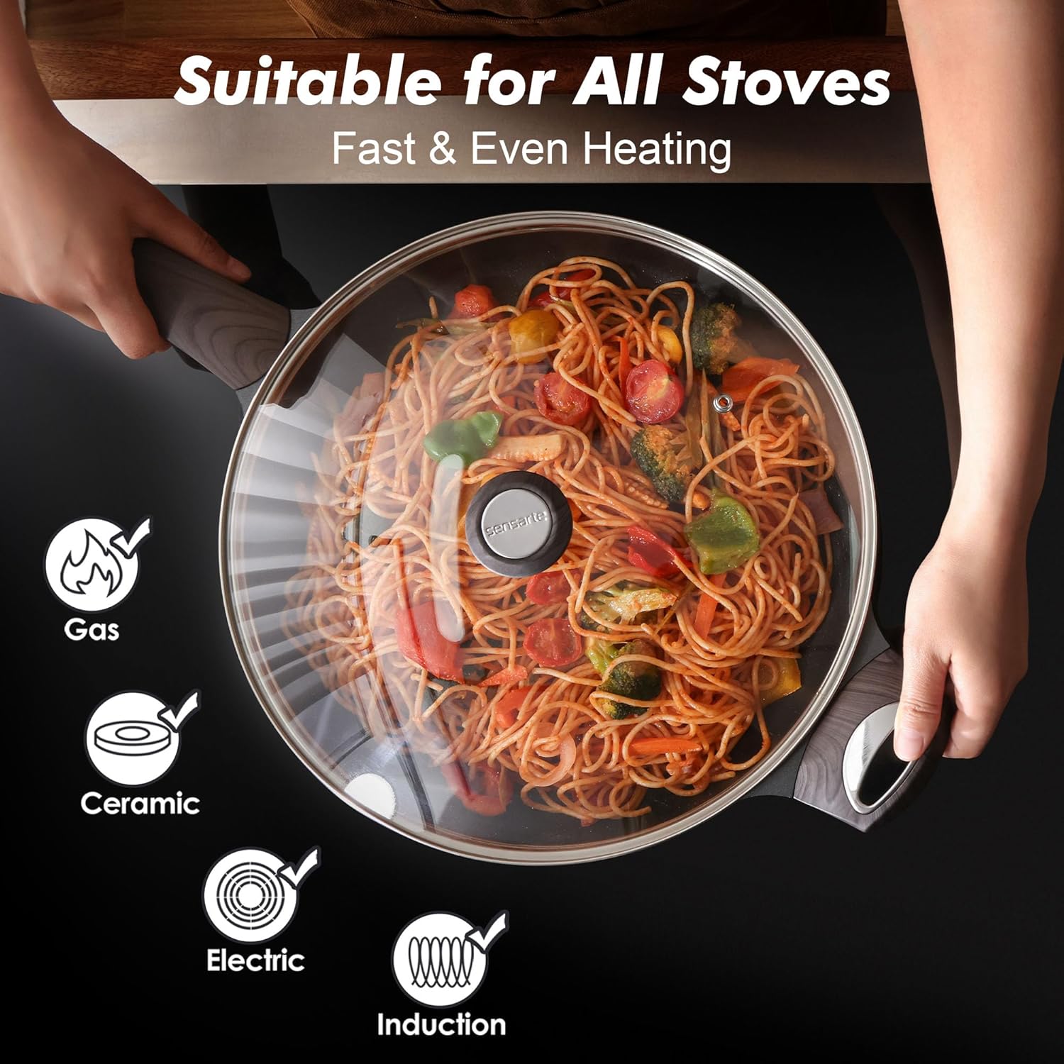 SENSARTE Ceramic Nonstick Frying Pan Skillet with Lid, 12.5 Inch Non Stick Pan Omelette Pans, Healthy Kitchen Cooking Chef's Pan, Free of Intentionally Added PFOA/PFOS, Induction Compatible, Black - Image 5