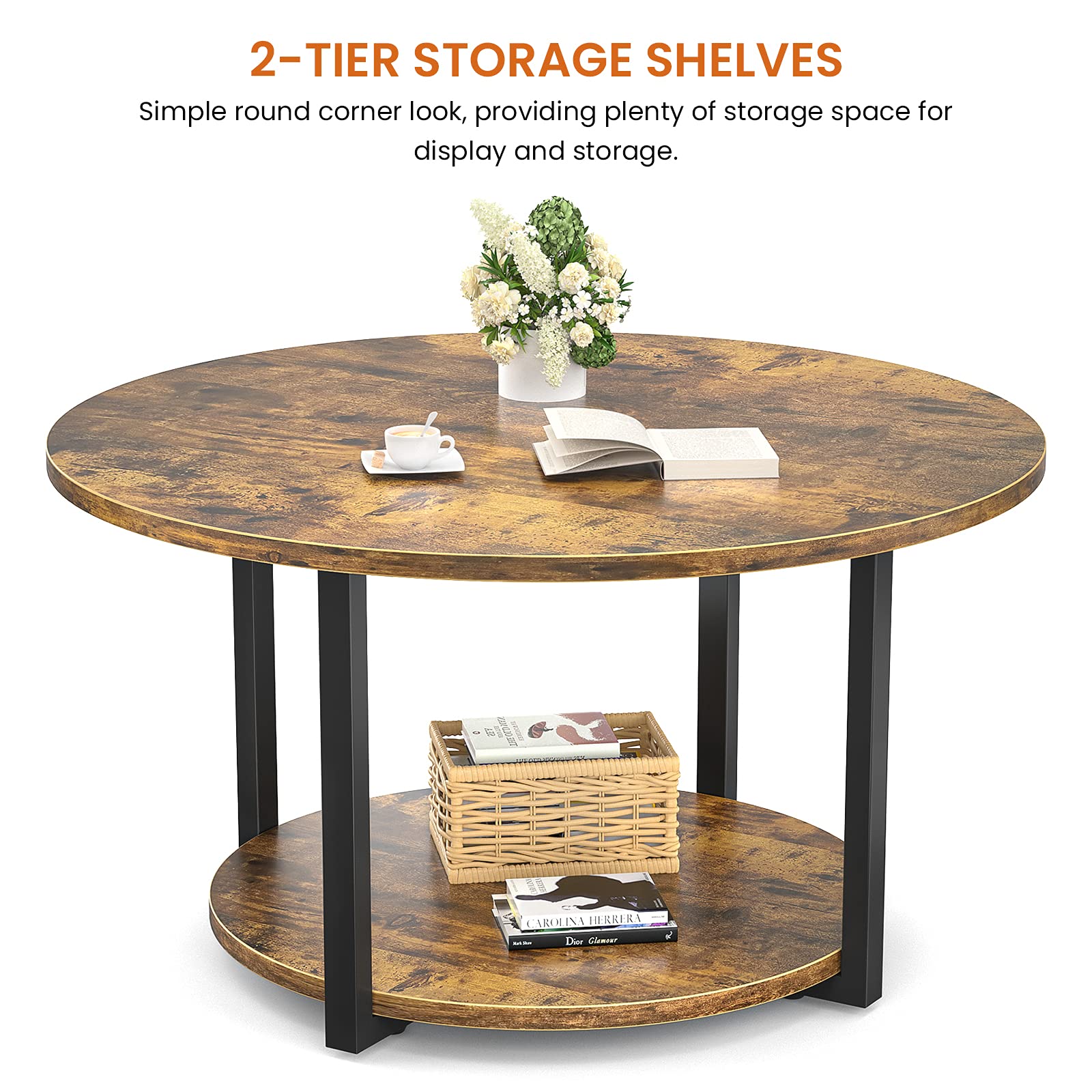 Armocity Round Coffee Table Industrial Coffee Table Living Room Table Wood Circle Coffee Table with Storage 2-Tier Central Table for Living Room, Coffee Bar, Patio Easy Assembly, Rustic