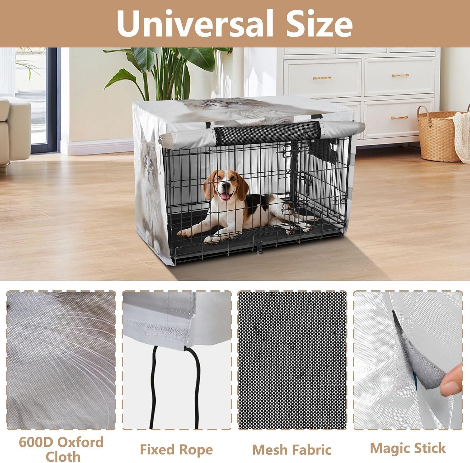 Pet Print Long Haired Cat Dog Crate Cover Universal Size Fit, Pet Cage Cover with Mesh Windows, Large