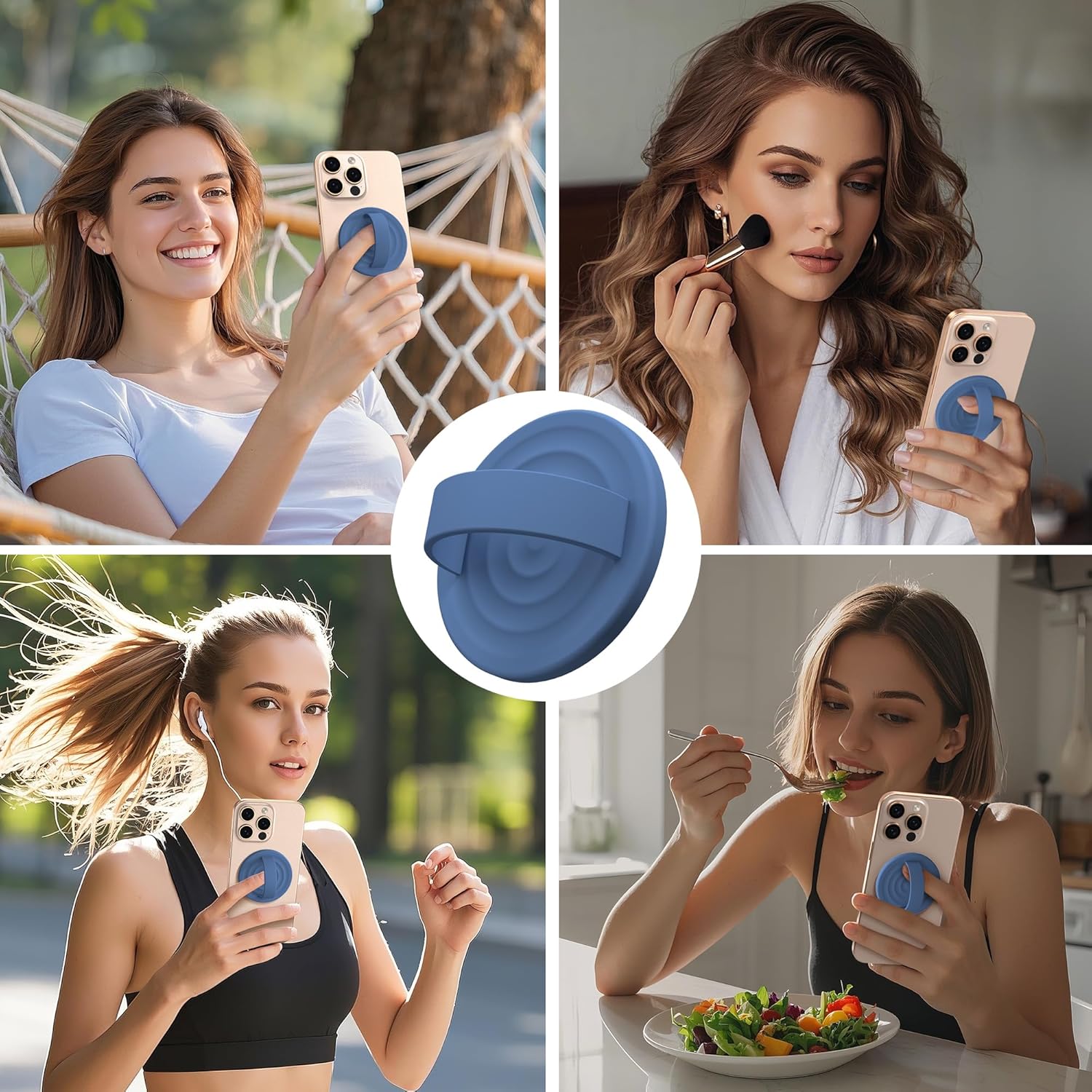 magnetic phone ring grip holder, silicone finger loop grip, compatible with massafe, back of phone for iphone pro max/plus/16/15/15/14/13/12 series, azure blue