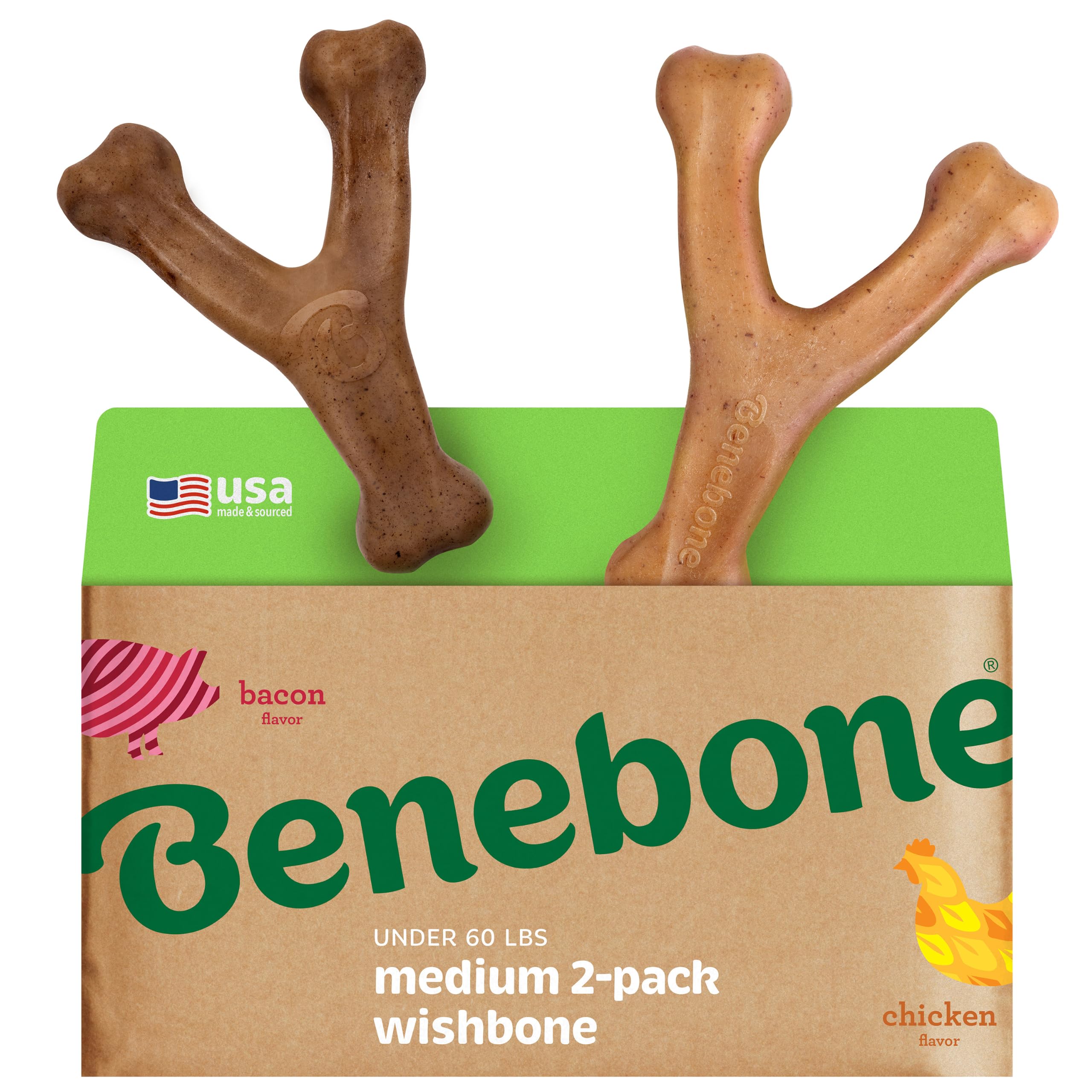 Benebone Wishbone - Giocattolo da masticare per cani, resistente, per masticatori aggressivi, vera pancetta e pollo, prodotto negli Stati Uniti, confezione da 2