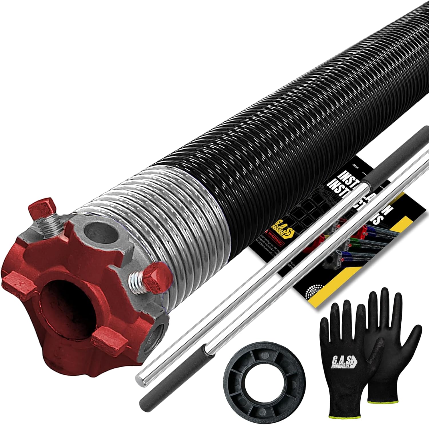 Garage Door Torsion Spring 295x2x49 for Left Side of Garage Door with Winding Bars, 1 Nylon Bushing, and Gloves Heavy Duty Precision E-Coating 5-Year Warranty Minimum 30,000 Cycles (Red Cone)