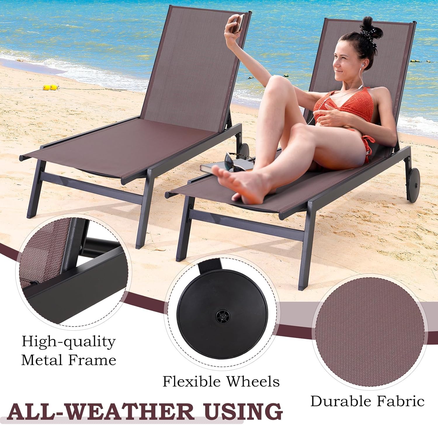 EROMMY Patio Chaise Lounge Chair Set of 2 with Wheels, Outdoor Lounge Chairs with Adjustable Backrest, Waterproof Poolside Lounge Chairs