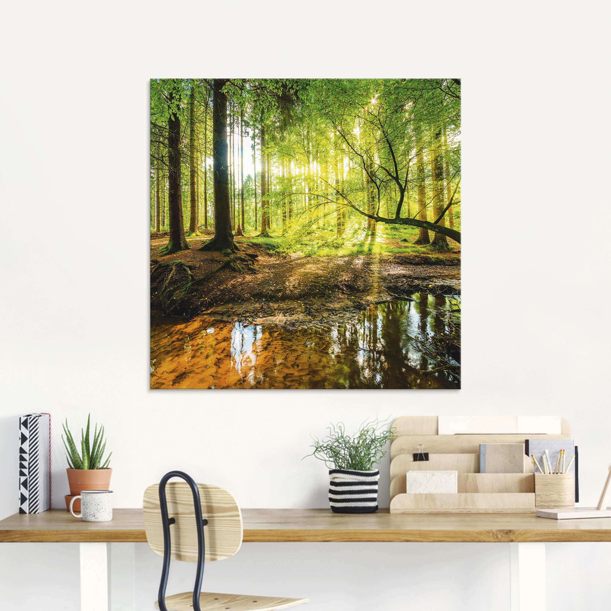 ARTland Wanddeko Glasbilder Wandbild Glas Bild einteilig 125x50 cm Querformat Wald Natur Landschaft Bäume Bach Sonne Frühling T9IO