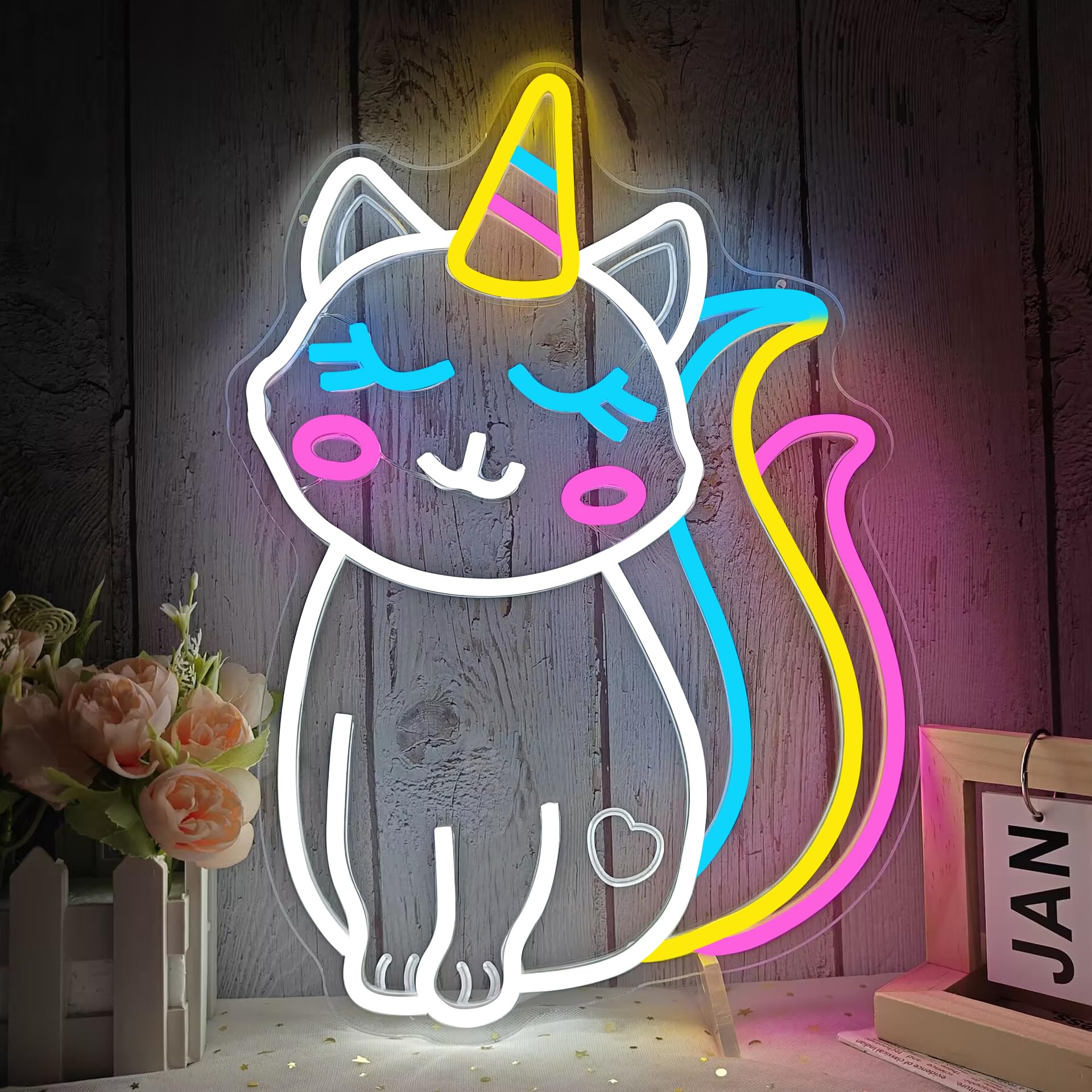 Vveikea Kittycorn Neon Sign Caticorn Neon Light Dimmable Cat Unicorn Neon Sign for Girls Bedroom Magical Unicorn Night Light Cute Cartoon Rainbow