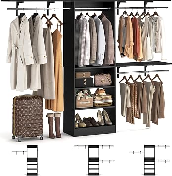 8FT Closet System with 3 Wooden Storage Shelves, 96 Closet Organizer System with 3 Hanging Rods, Wall Mount Bedroom Wardrobe Walk-in Closet, Adjustable Garment Rack from 5 to 8FT Cut to Fit, Black