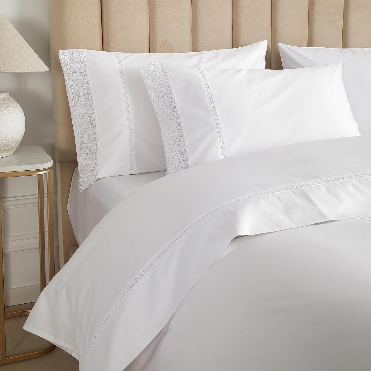 White Cotton Duvet Cover Queen Size, 100% Cotton Duvet Cover with Lace, Percale Fabric with Crisp Lightweight Breathable Bedding, Zipper Closure & Corner Ties, 90x90 Inches
