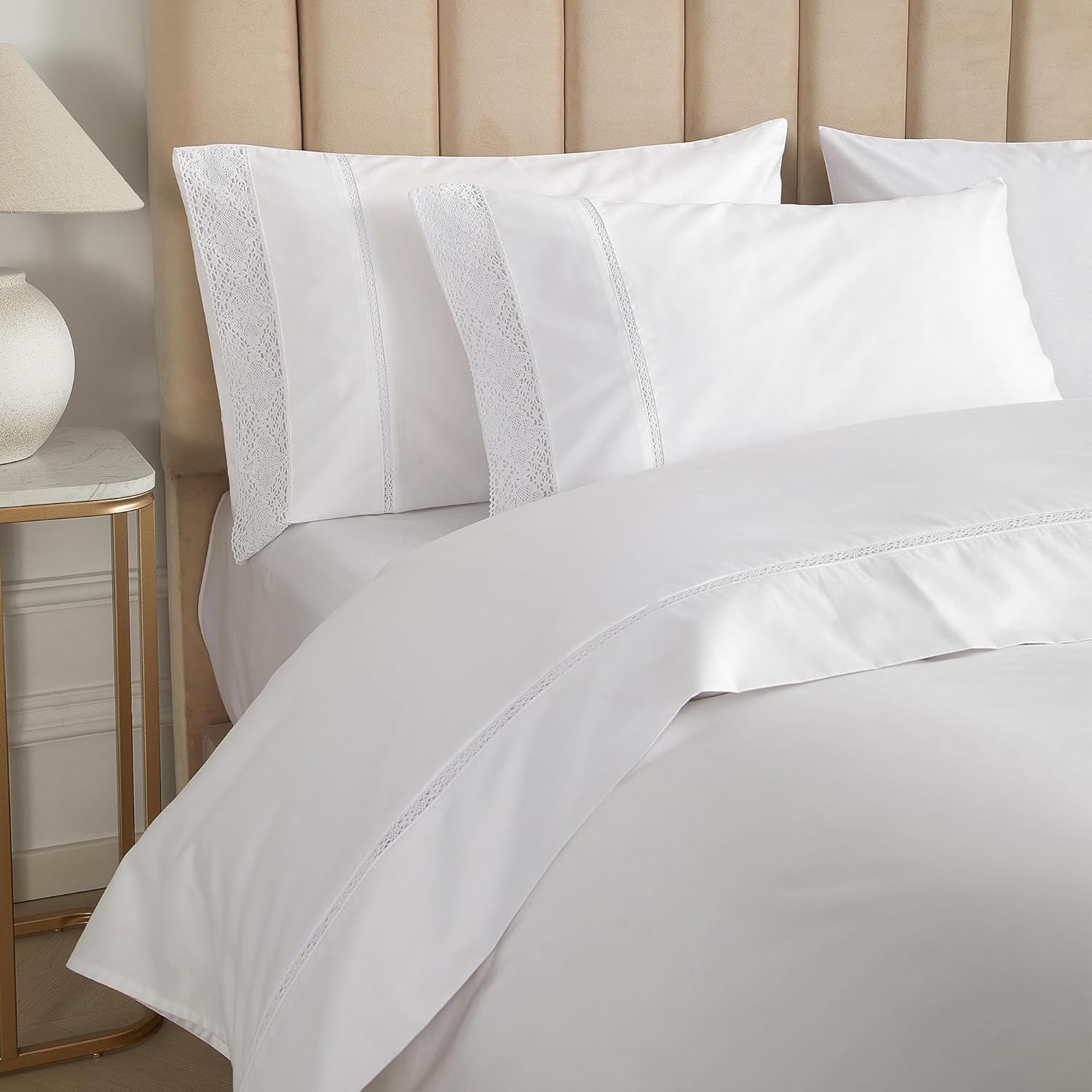 White Cotton Duvet Cover King Size, 100% Cotton Duvet Cover with Lace, Percale Fabric with Crisp Lightweight Breathable Bedding, Zipper Closure & Corner Ties, 104x90 Inches