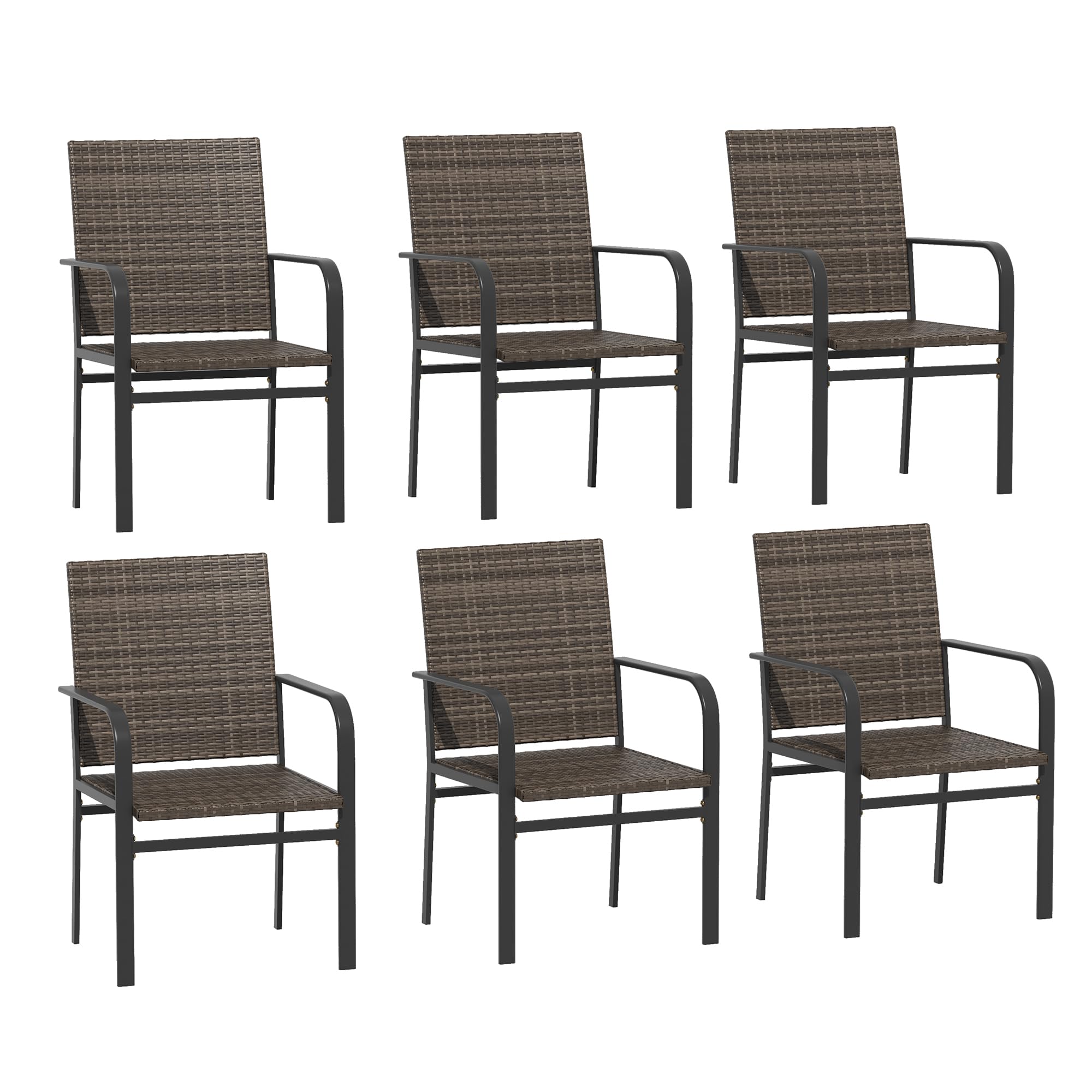 VICLLAX Patio Dining Chairs Set of 6, Outdoor Wicker Chairs with Curved Armrests and Steel Frame for Patio, Deck, Backyard - Brown