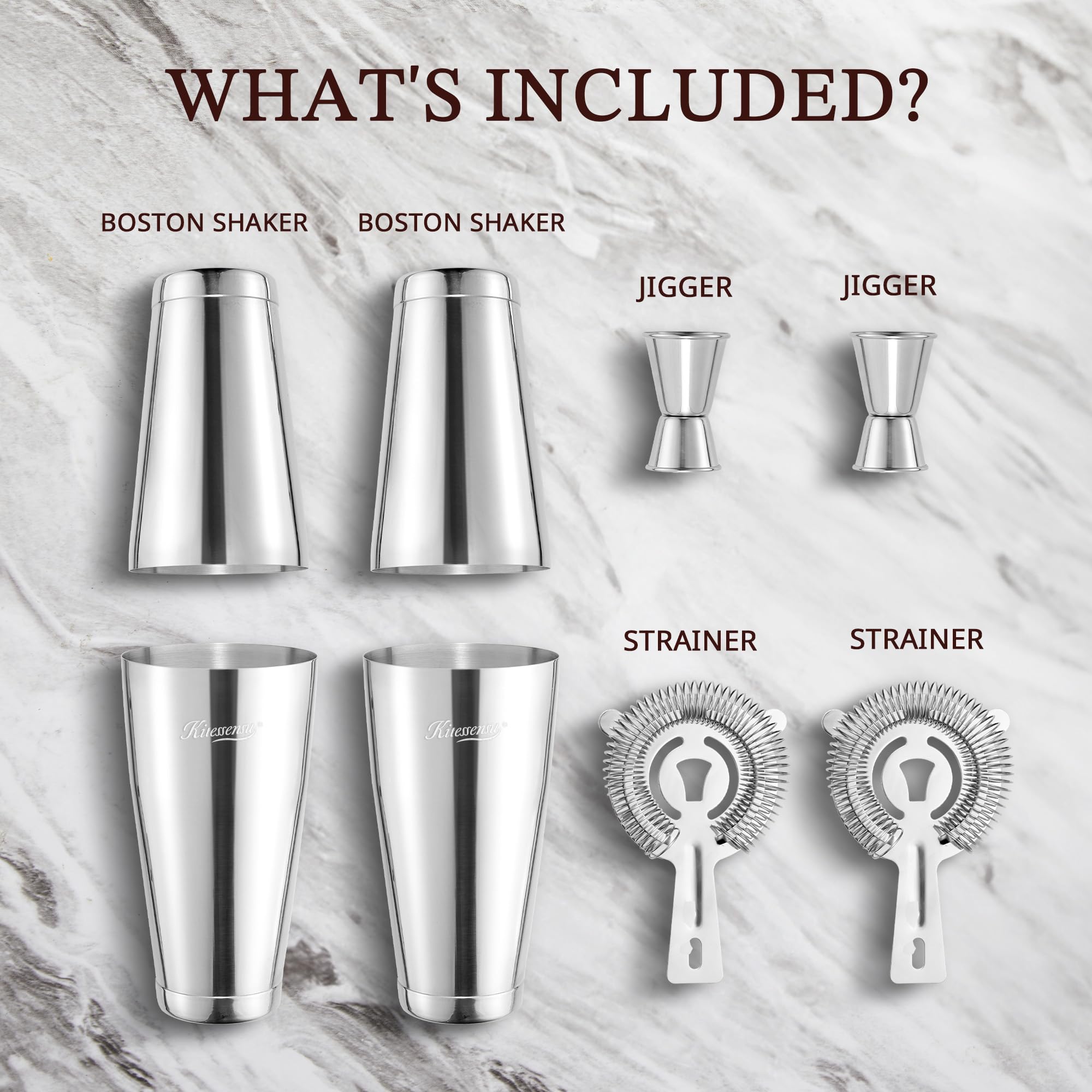 Boston - Juego de coctelera profesional de 8 piezas con mezclador de bebidas Martini de acero inoxidable, coladores Hawthorne, doble jiggers, herramientas de barra aptas para lavavajillas 4