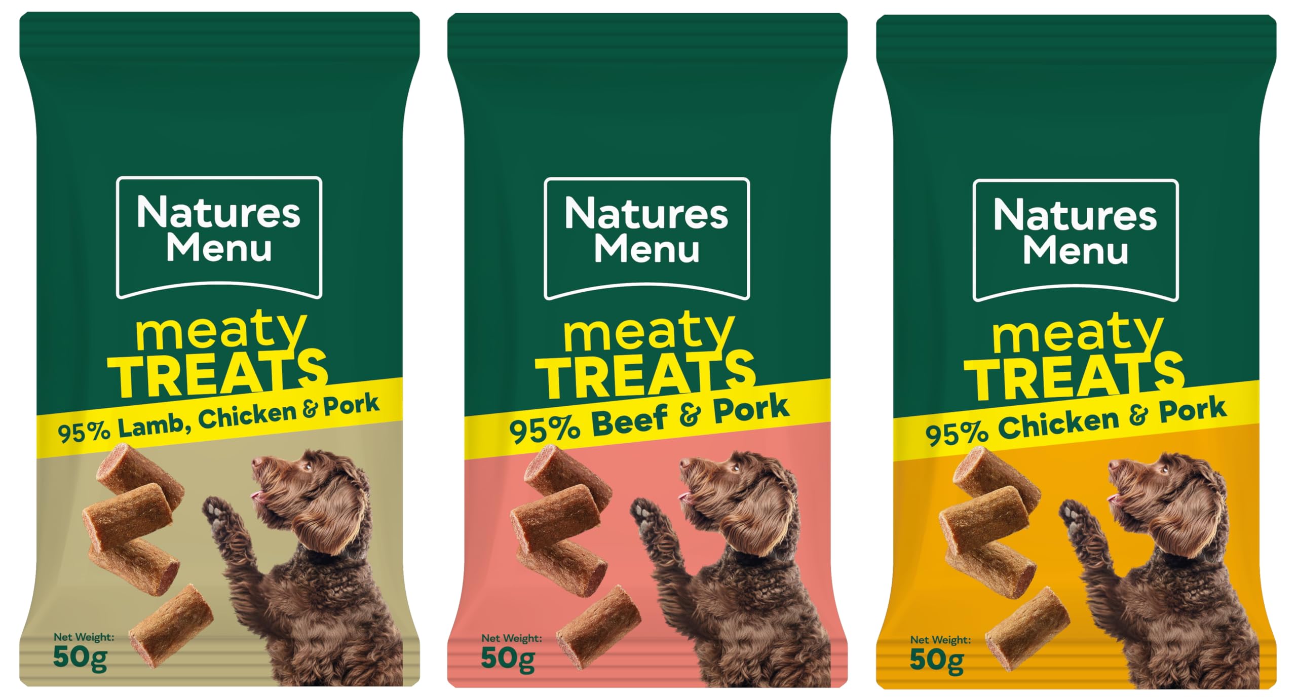 3x 50g Natures Menu Meaty Treats for Dogs: Lamb & Chicken, Beef & Pork, Chicken & Pork – Gluten & Grain Free, Resealable – Bundled by GetInStyle Shop