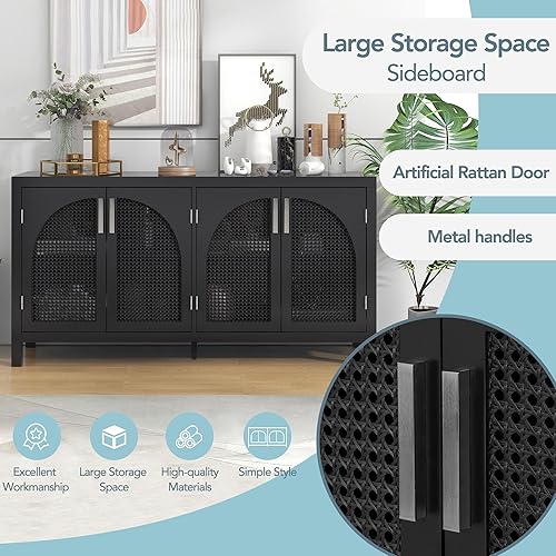 Miniatura 5 de Merax Aparador de bufé de madera rústica con 4 puertas de ratán gabinete de cafetería bar soporte de TV para dormitorio sala de estar comedor y