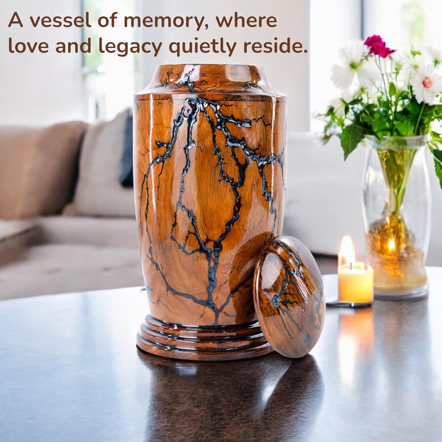 Handmade Rosewood Cremation Urn for Human Ashes – Large 200 cu in Wooden Memorial Urn with Resin Inlay – Handcrafted Decorative Funeral Urn for Adults – Durable Burial Container