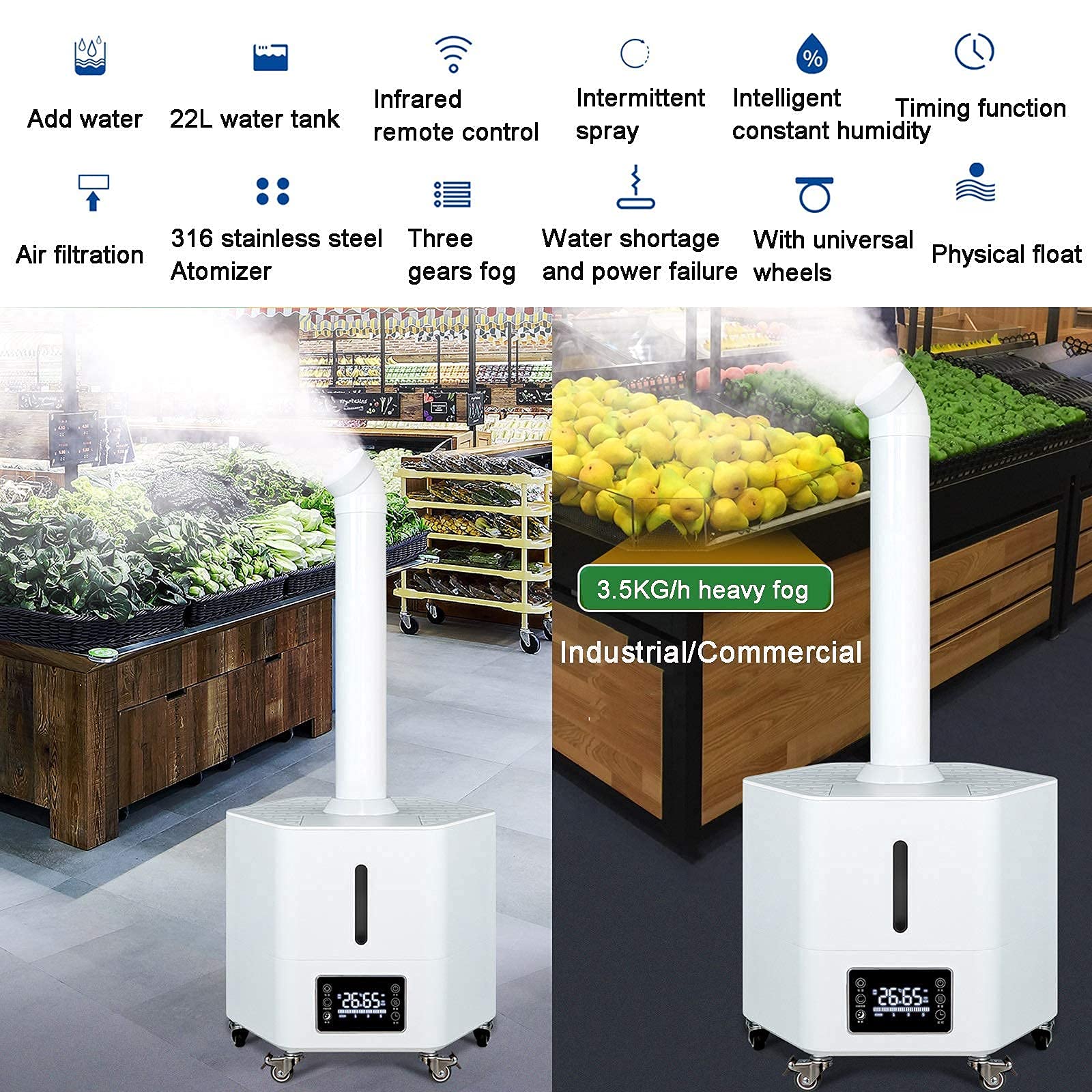 Nawilżacze do sypialni, nawilżacz przemysłowy Oczyszczacz powietrza 22 l Duża pojemność Duża ilość mgły dla dużych supermarketów komercyjnych Owoce i warzywa Utrzymujący świeżość strumień powietrza