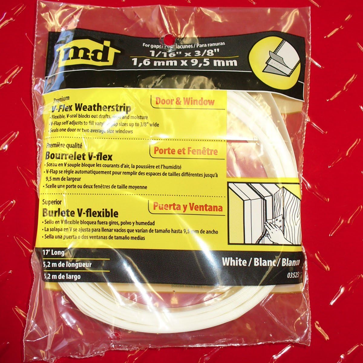 M-D Building Products 3525 M-D 0 V-Flex Weather-Strip with Adhesive Back, 17 Ft L X 7/8 in W, Polypropylene, 1 Pack, White - Duct Tape - 