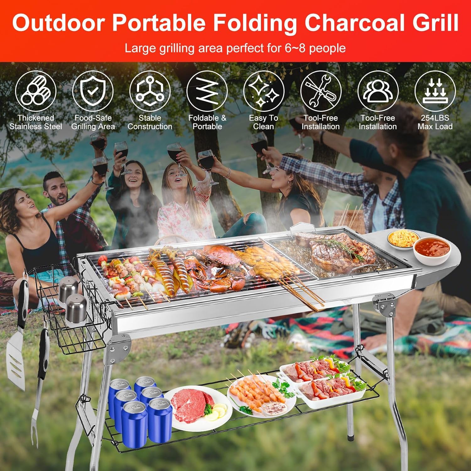 Portable Charcoal Grill, Foldable Camping Barbecue Grill with Storage Shelf, Stainless Steel Outdoor BBQ Grill Table for Garden Backyard Party Picnic Travel