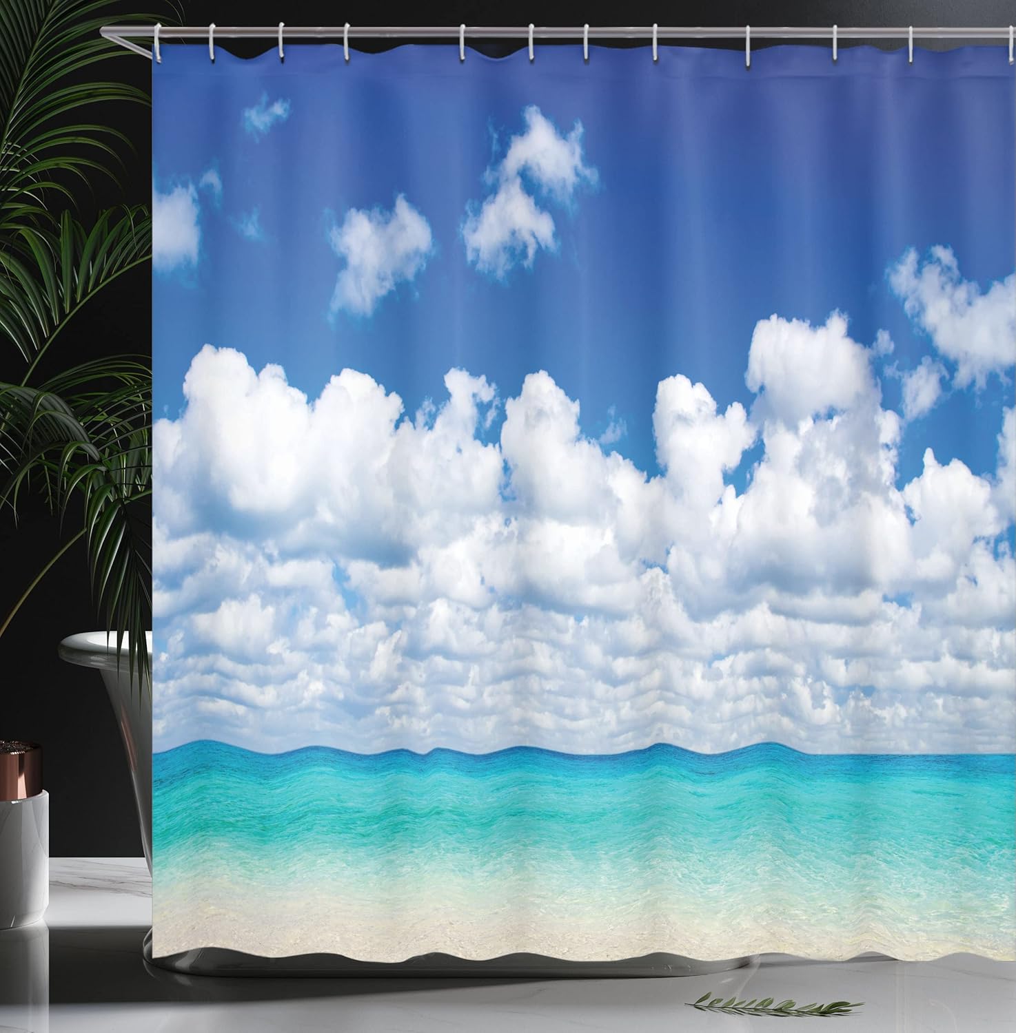 Ambesonne Ocean Shower Curtain, Paradise Beach Tropical Hawaiian Exotic Sky Color with Clouds Scenery, Cloth Fabric Bathroom Decor Set with Hooks, 69" W x 75" L, Turquoise White