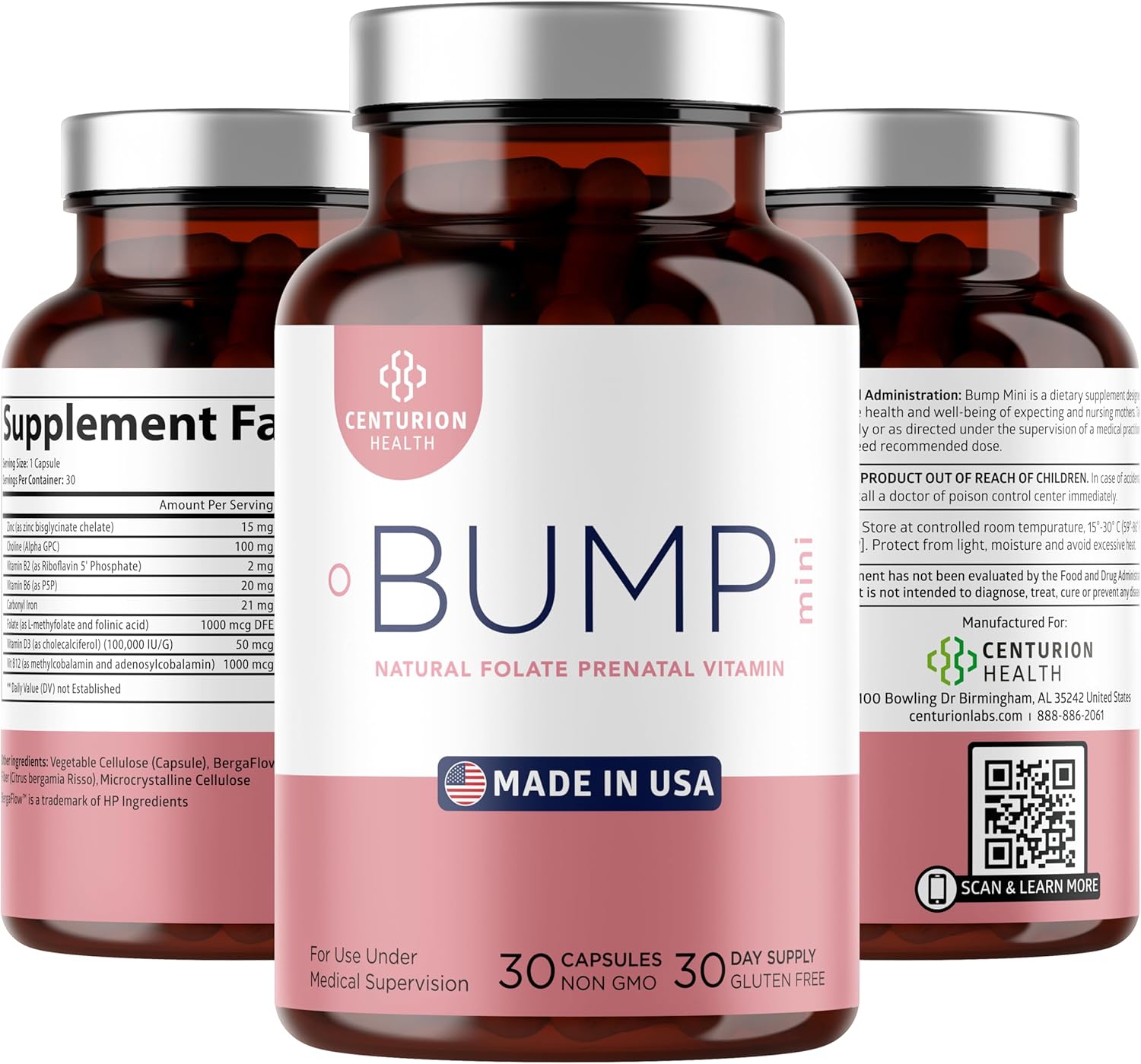 Centurion Health Bump Mini Complete Prenatal Vitamins for Women with Folate, Choline, Carbonyl Iron, Zinc, Vitamin D3 and Vitamin B12 for Fetal Development and Pregnancy Support, 30 Caps