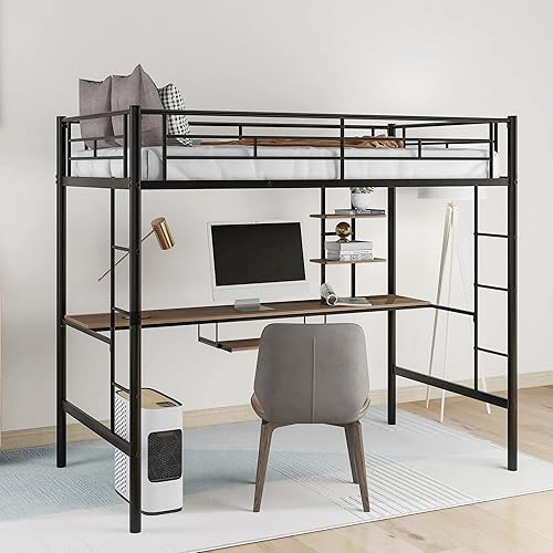 Cama tipo loft de tamaño individual, cama alta con escritorio y estantes de almacenamiento, cama alta de metal tamaño individual con escritorio, no