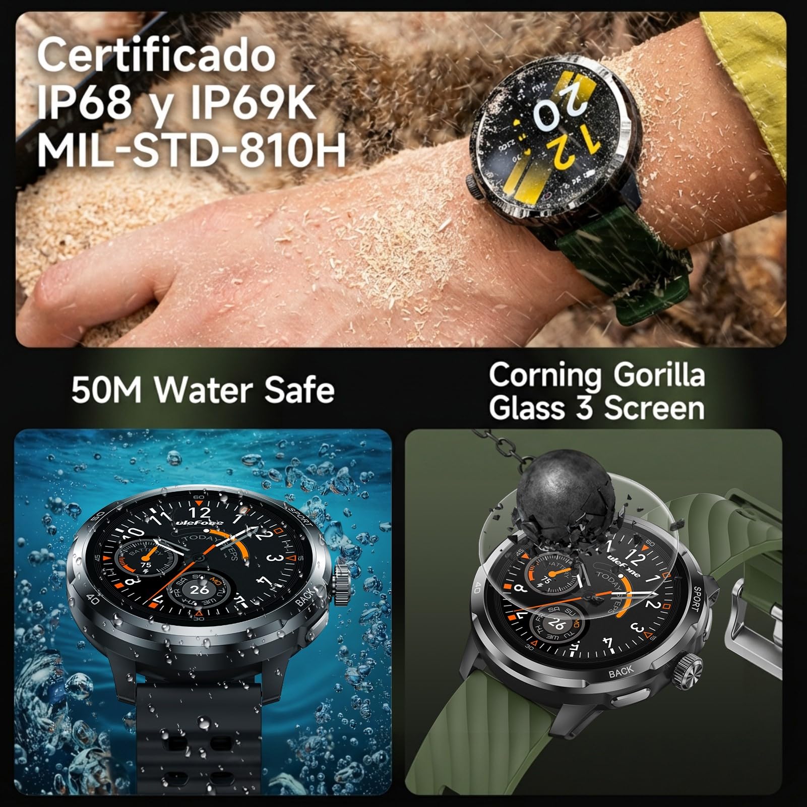 Watch Pro - Reloj inteligente para hombre militar con GPS, brújula, ChatGPT, llamadas Bluetooth, frecuencia cardíaca, reloj deportivo con más de 100 modos deportivos