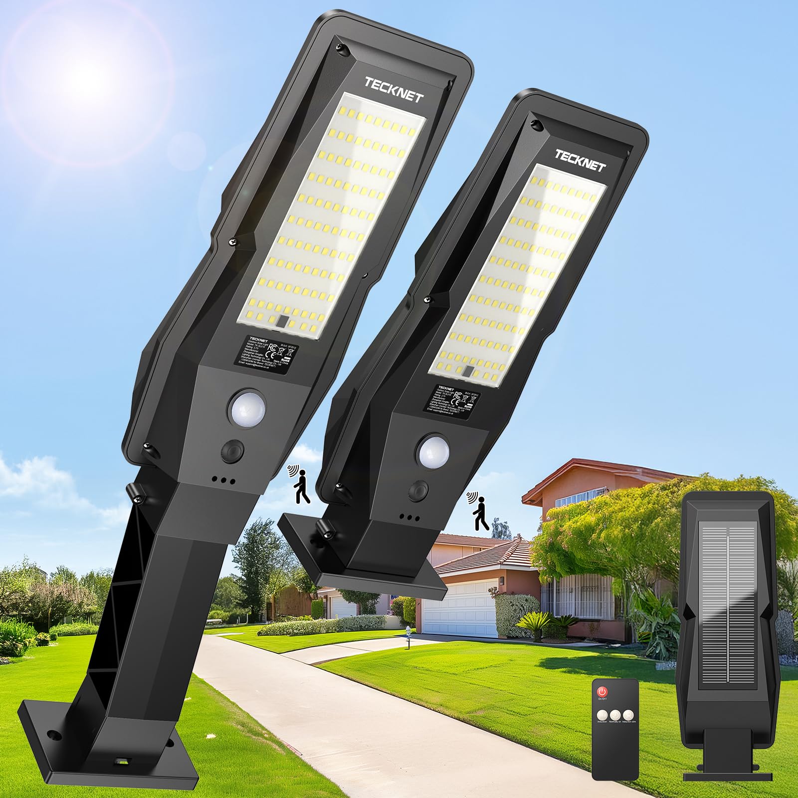 TECKNET Solarlampen für Außen mit Fernbedienung, [2 Stück] Solarlampe mit Bewegungsmelder, 3 Leuchtmodi, IP66 Wasserdichte, Solarleuchte Eignen Sich für Garage, Garten, Hof, Stufen, Haustüren, Rasen
