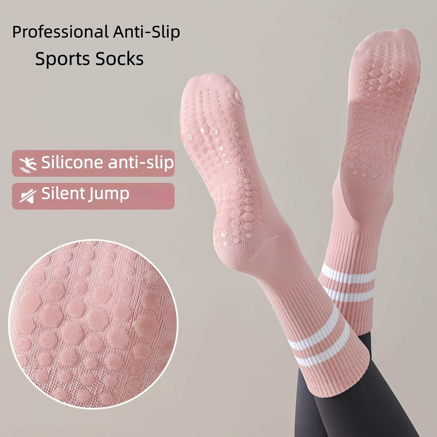 Mid-Calf Non-Slip Athletic Socks, 5 Pairs, (Green+Purple+Pink+Light Blue+White)