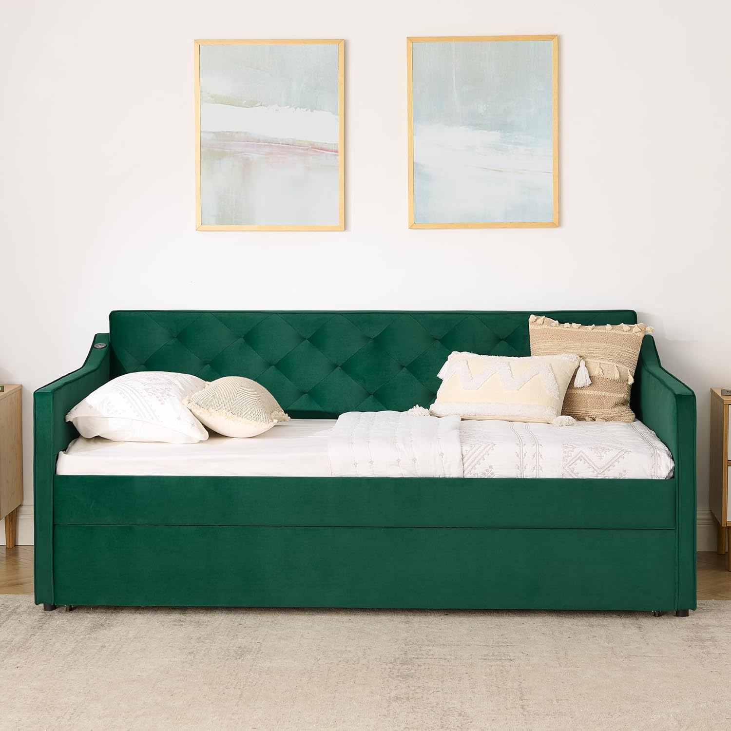 Ball & Cast Twin Size Daybed with Pop Up Trundle,Velvet Upholstered Day Bed Frame Twin Size with USB Port, Extendable Trundle Bed Twin to King Design,No Box Spring Neeed,Green