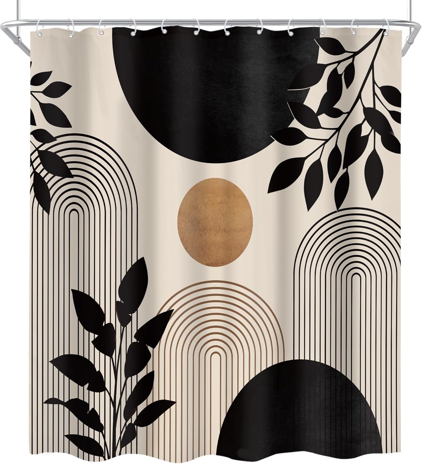 Cinbloo 4Pcs Boho Mid Century Shower Curtain Set,Abstract Modern Plant Botanical Geometric Leaf Arch Sun Bathroom Curtain with Rug, Toilet Lid Cover, Bath Mat,Minimalist Shower Curtain with 12 Hooks
