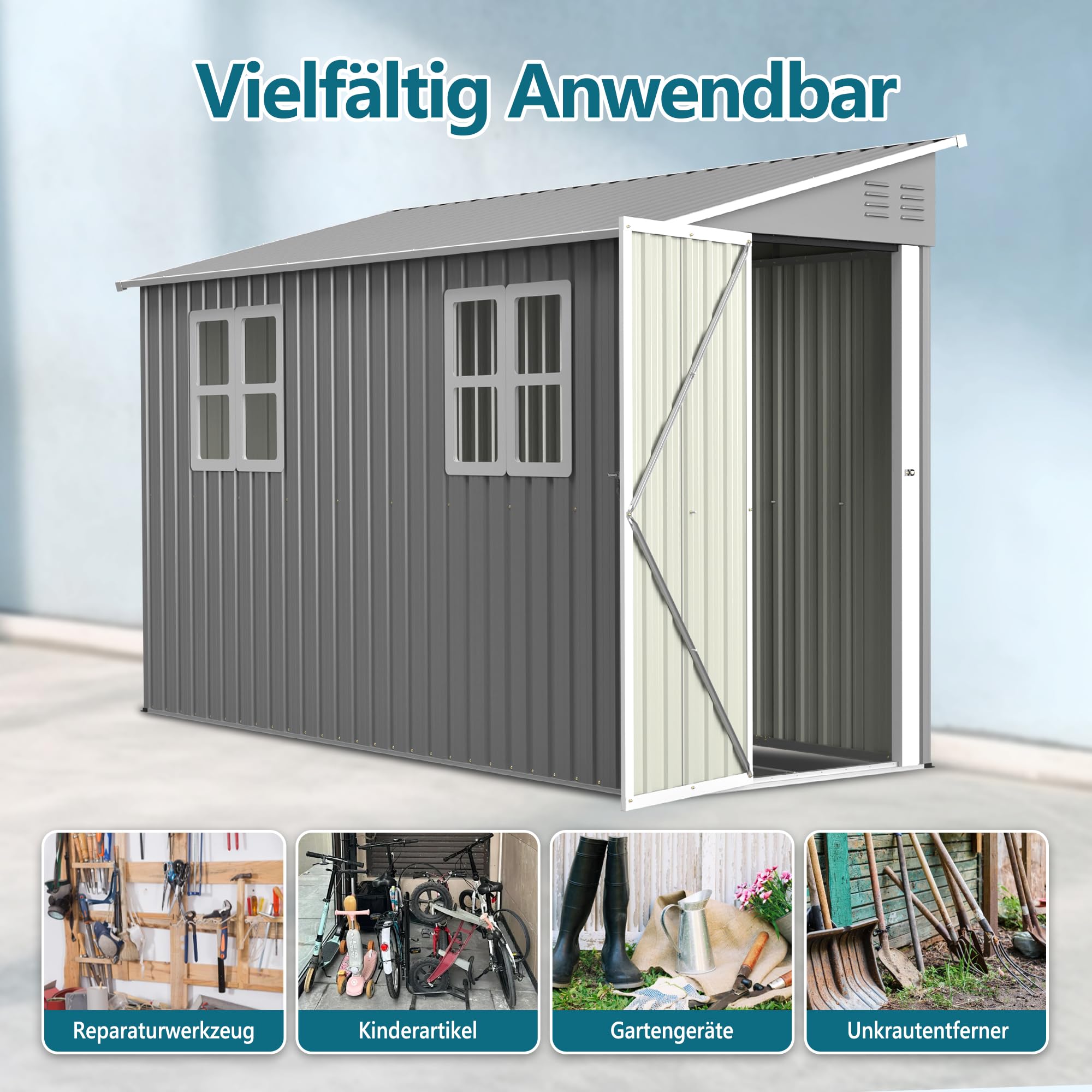 4x10 FT Casa in metallo per attrezzi con tetto a due spioventi e design a tetto spiovente con doppia porta che si apre a sinistra/destra e 2 finestre, capanno per attrezzi stabile e resistente agli