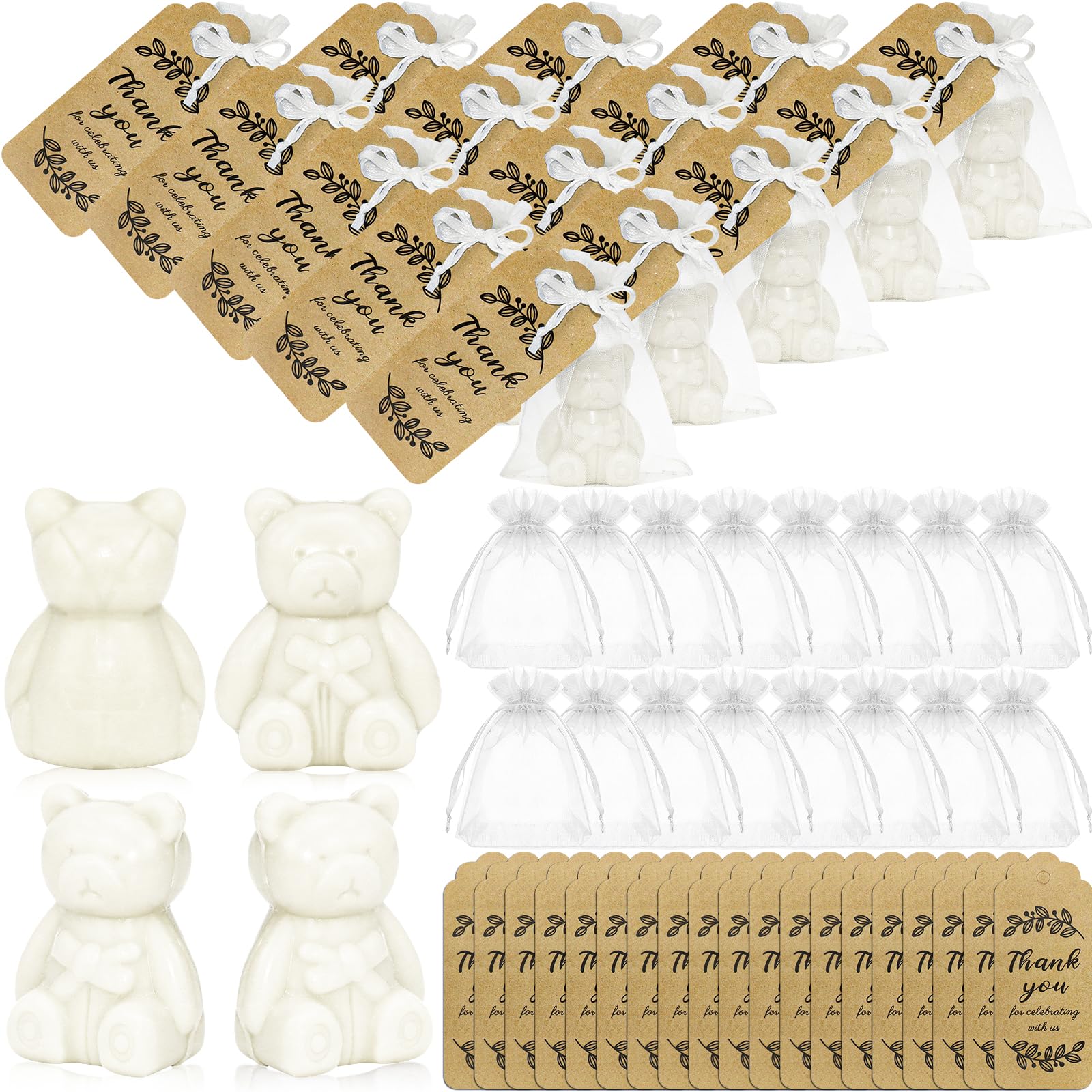 Lot de 36 mini savons en forme d'ours, pour fête prénatale, doux et parfumé, blanc, avec boîte cadeau, cartes de remerciement, petit savon fait à la main pour garçons et filles