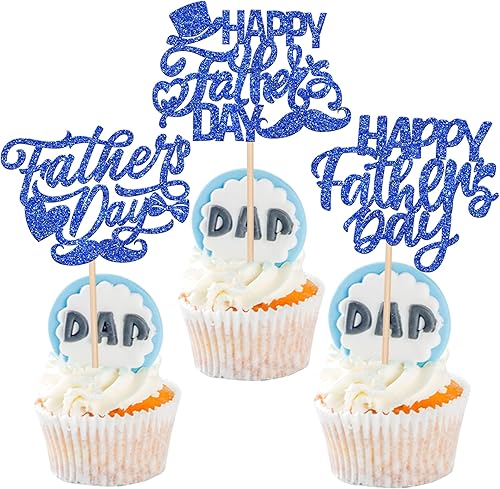 Paquete de 24 adornos para cupcakes con purpurina para el Día del Padre, para el mejor papá, sombrero de bigote, decoraciones para tartas para el