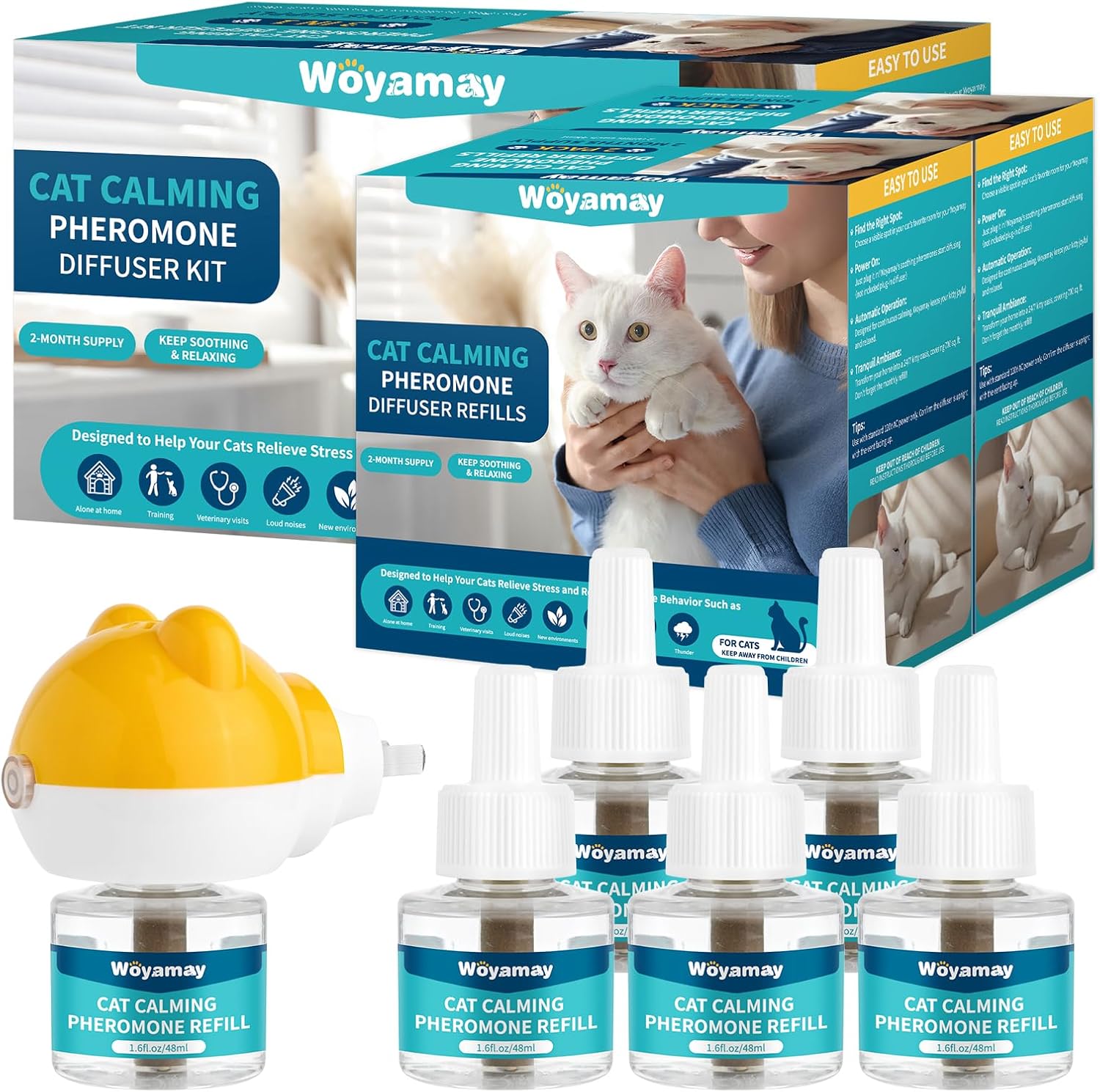 7-in-1 Cat Calming Diffuser - Cat Pheromones Calming Diffuser for Cat Anxiety Relief, Cat Pheromone Diffuser Kit with 1 Diffuser + 6 Refill 48ml Vial - 180 Days Pheromone Diffuser to Calm Cats