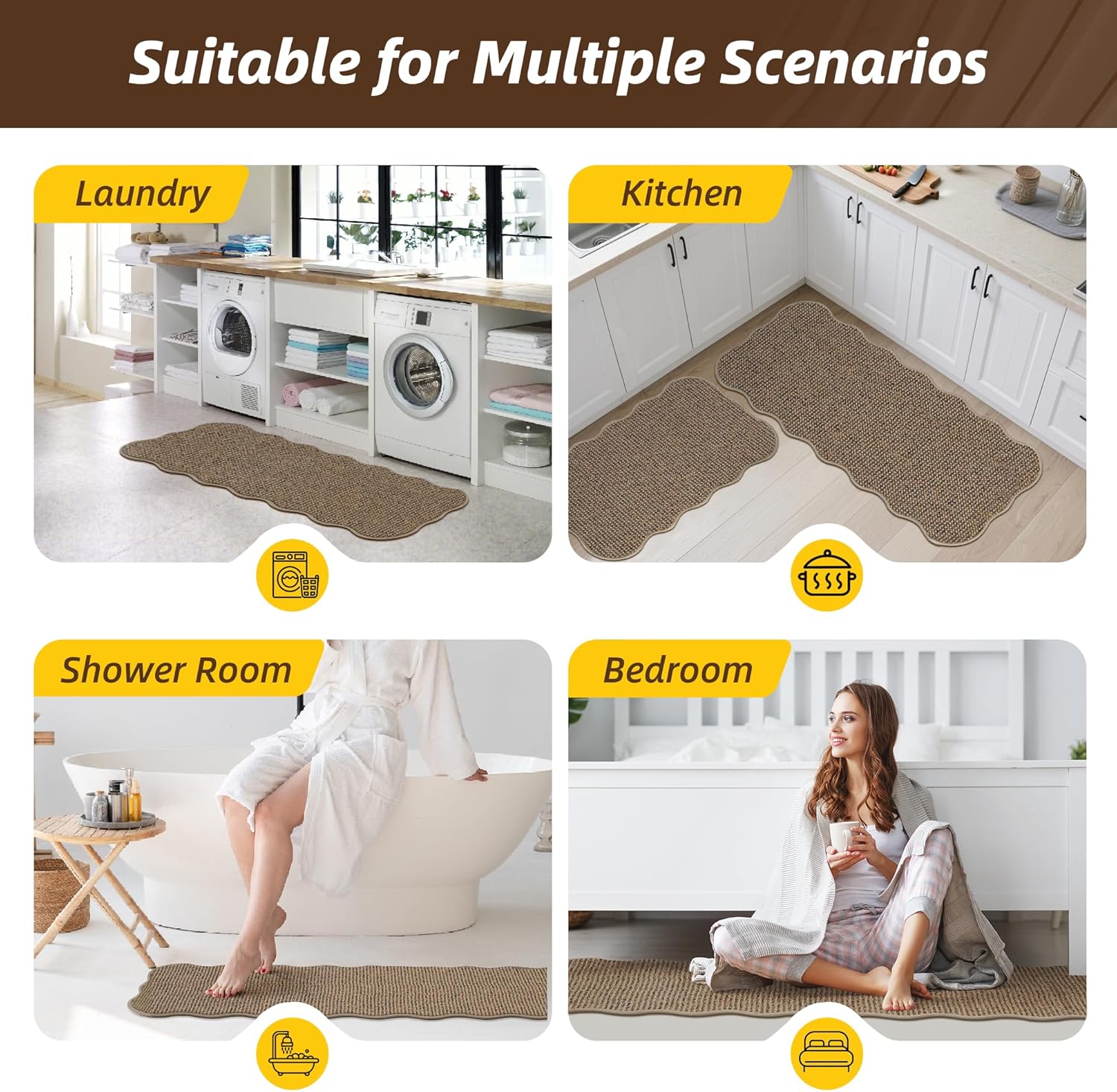 JSEI Scalloped Kitchen Rugs and Mats 2PCS, Kitchen Mats for Floor, Non-Slip Washable Kitchen Runner, Absorbent and Stain Resistant Rugs for Kitchen, Laundry & Sink, 17"x30"+17"x48", Taupe